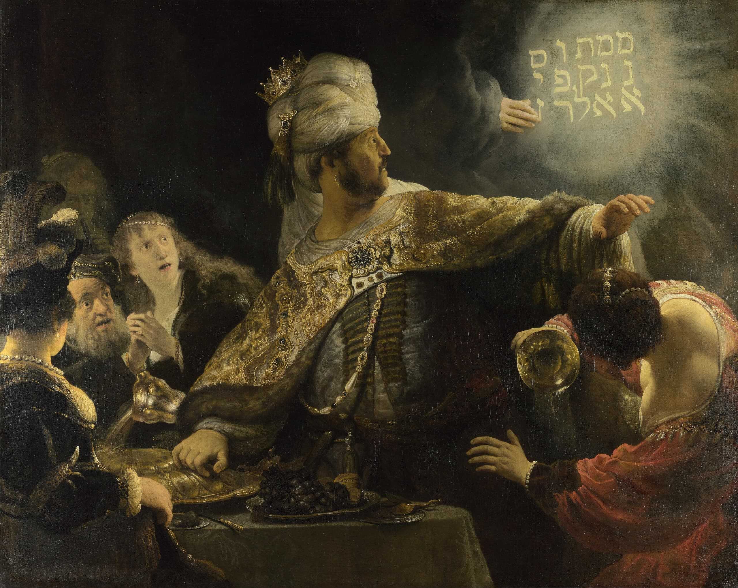 A crowded banquet scene in warm dark tones. A richly dressed king twists away from the table, eyes wide, as pale glowing characters appear on the wall above. Guests recoil; gold vessels catch the same cold light.