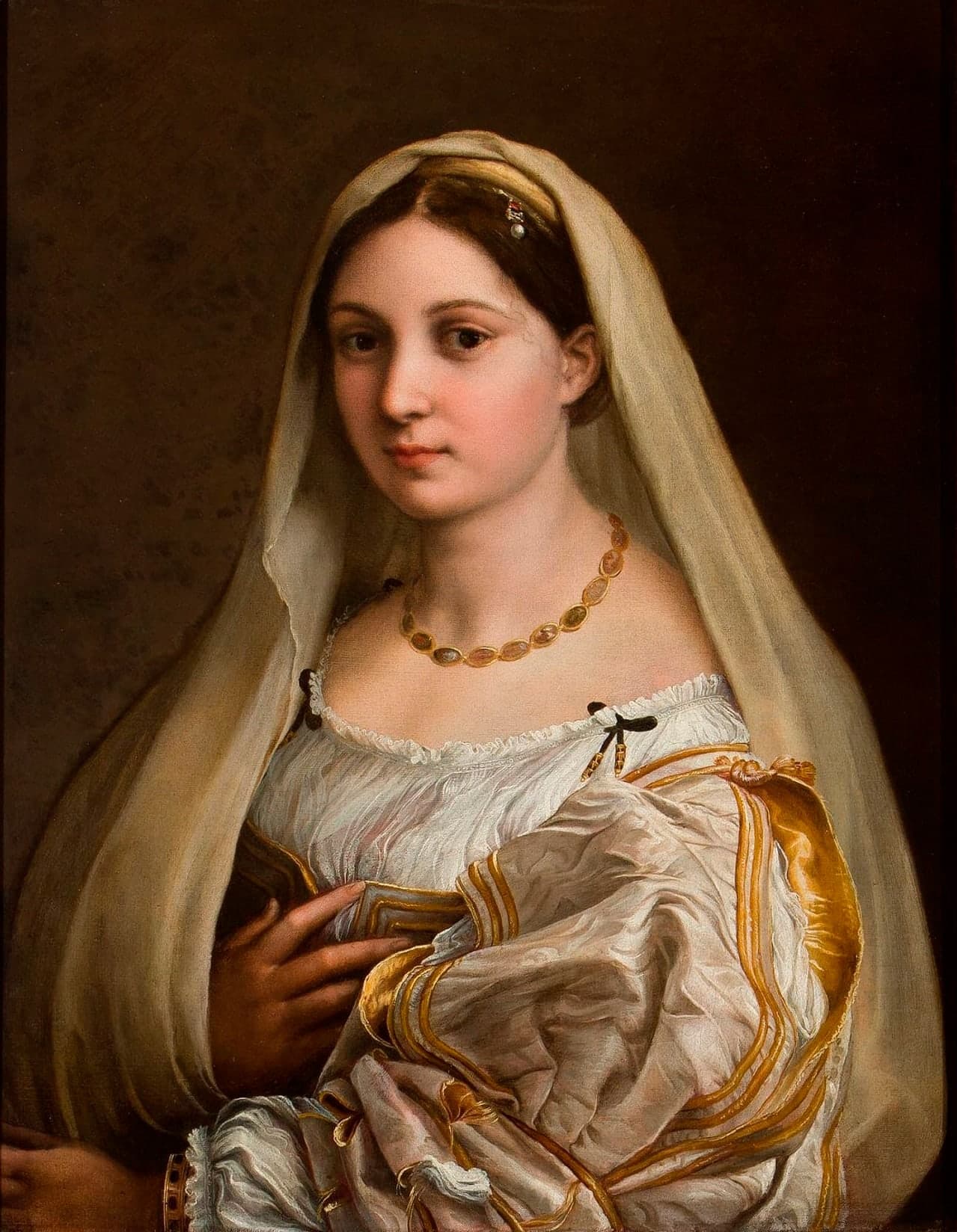 A portrait of a woman whose head is framed by a veil, her opulent dress occupying much of the lower part of the canvas.