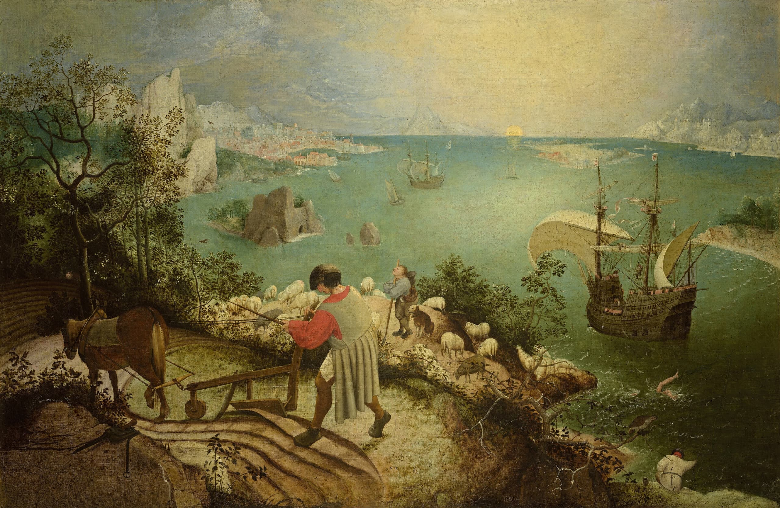 A sloping coastal landscape under open sky. In the foreground a ploughman works a field with a horse. Beyond lie a harbour, sailing ships and pale sea; near the lower right, two legs break the water’s surface.