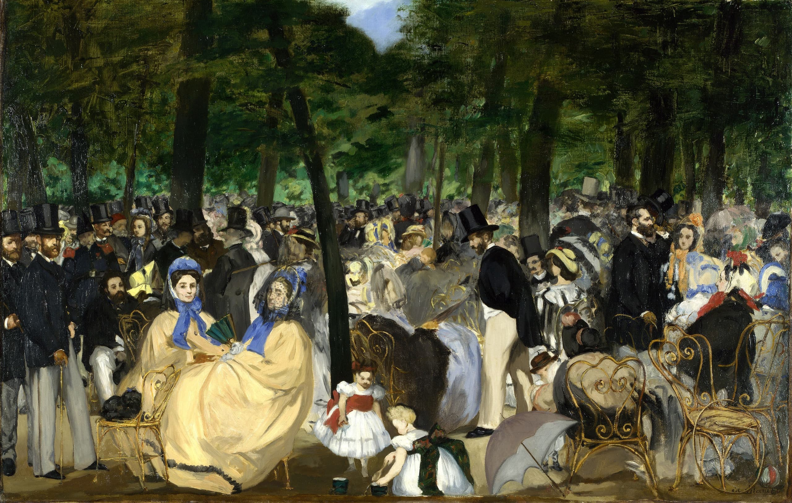 A dense outdoor crowd under trees: top hats, bonnets and dark coats, pale dresses, iron chairs in the foreground, a fair-haired child near the centre, and no musicians visible.