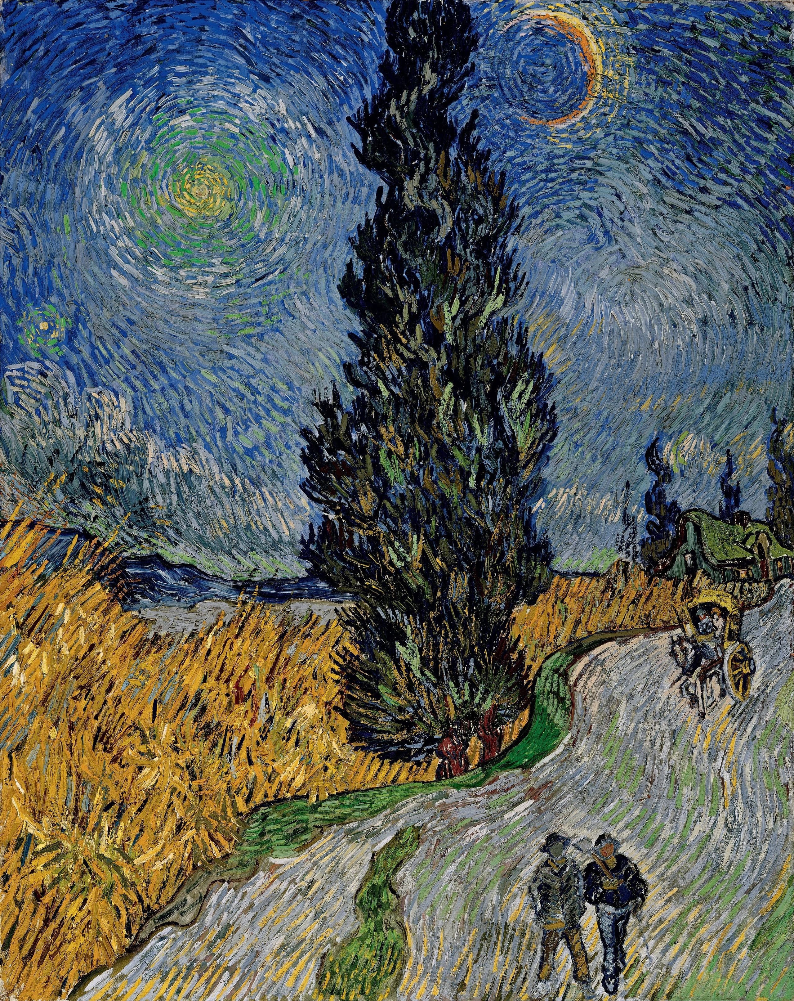 A tall night landscape in oil: a dark cypress rises through the centre against a swirling blue sky with a bright star, while a pale road leads inward across the lower ground.