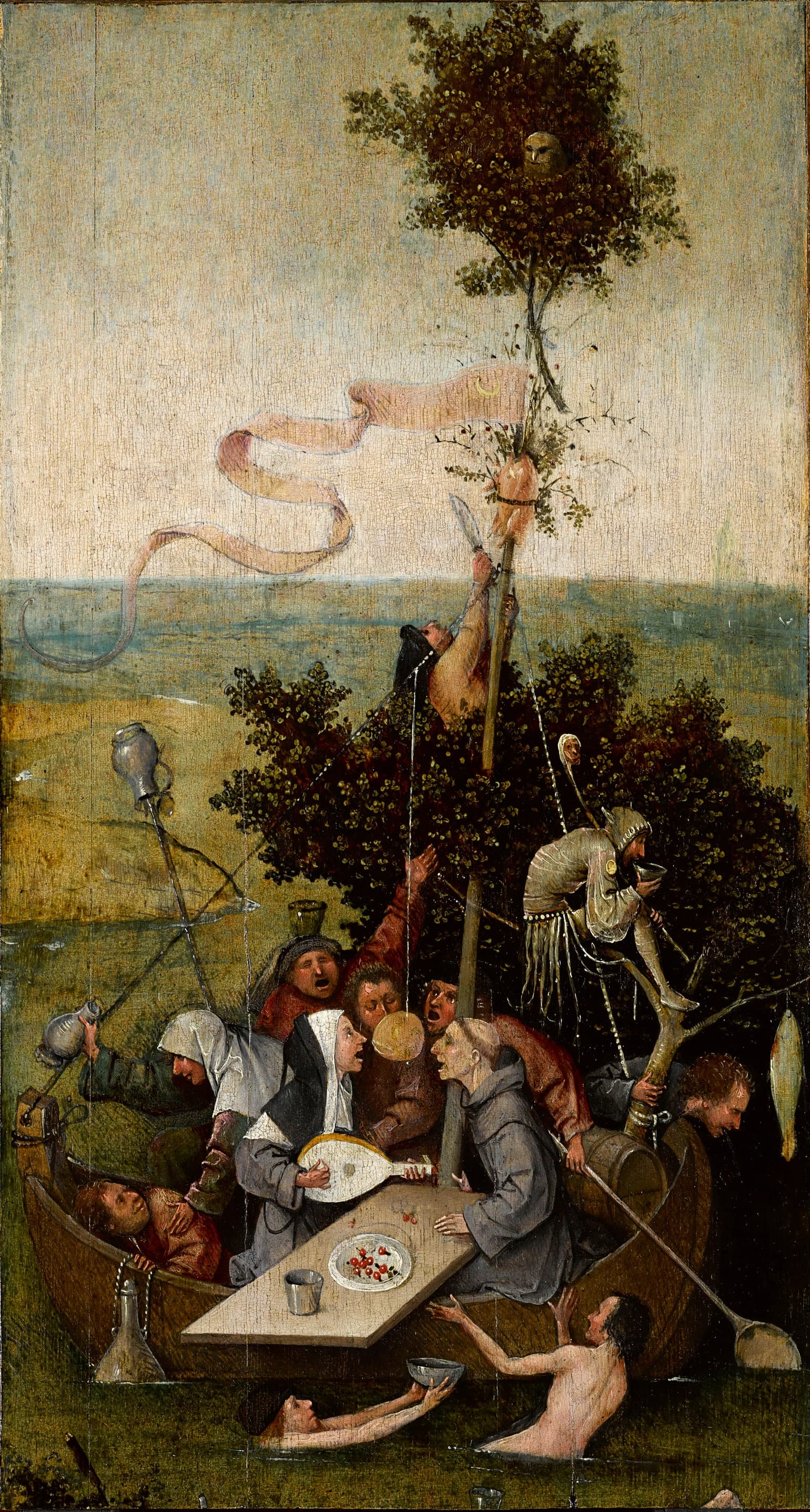 A tall, narrow panel crowded with figures packed onto a small boat, eating and drinking in close quarters beneath a makeshift mast, painted in oil on wood in muted greens and browns.