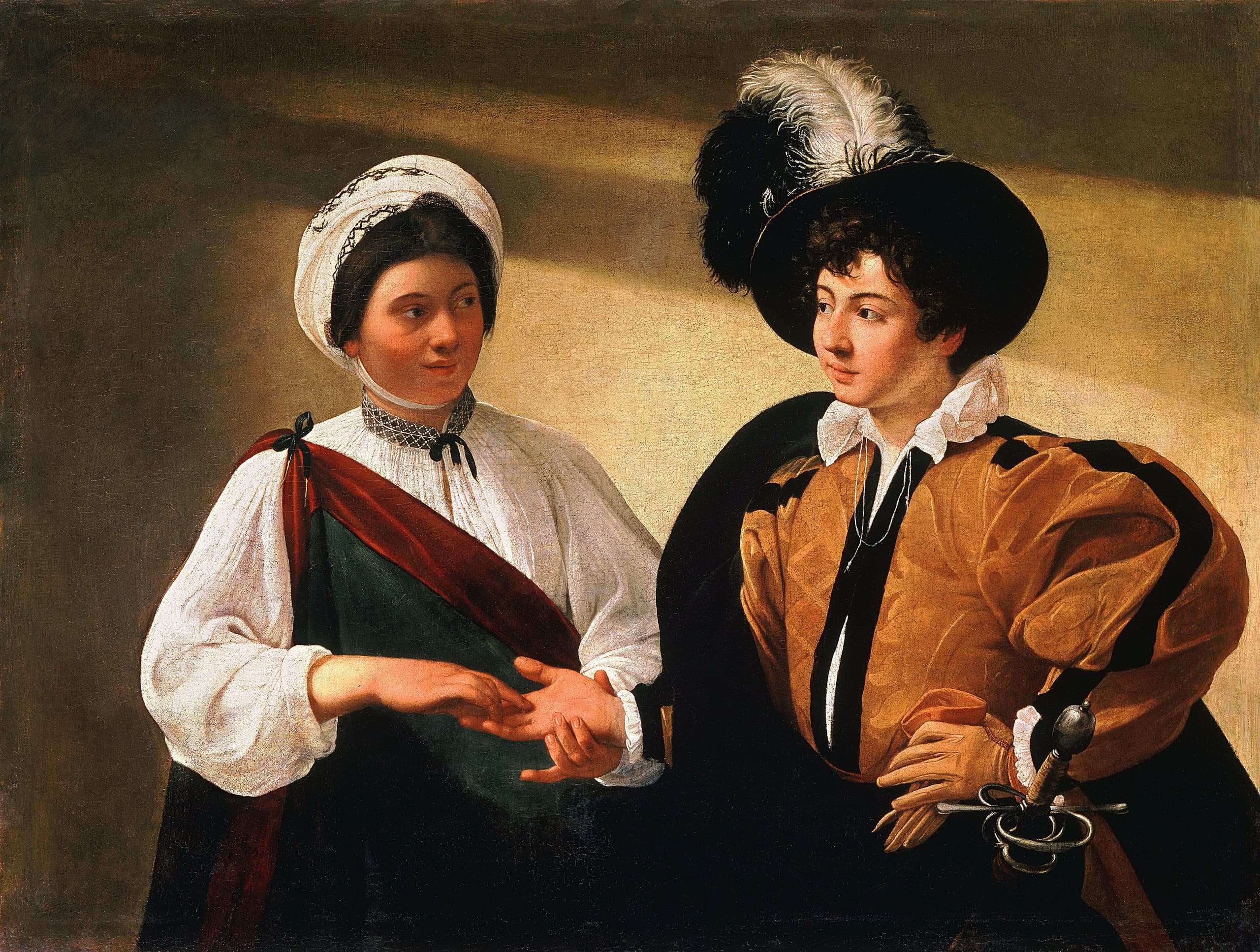 Two half-length figures against a dark plain ground. A young man in a plumed hat extends his hand; a woman holds it as if reading his palm, her fingers close to a ring.