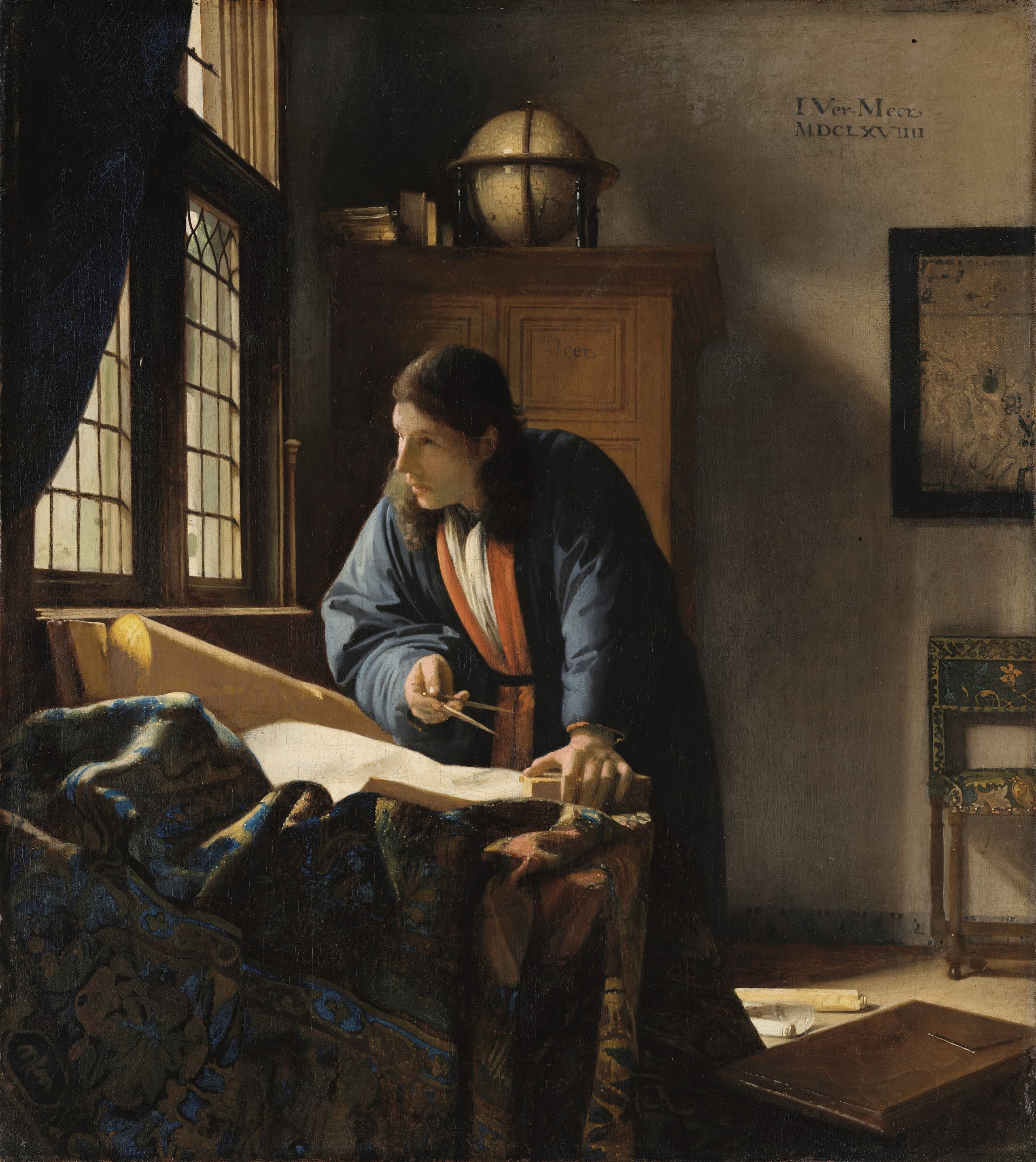 A man in a long robe stands at a table by a left-hand window, dividers in one hand, body turned toward the light. A globe, charts and furniture fill a small, quiet room.