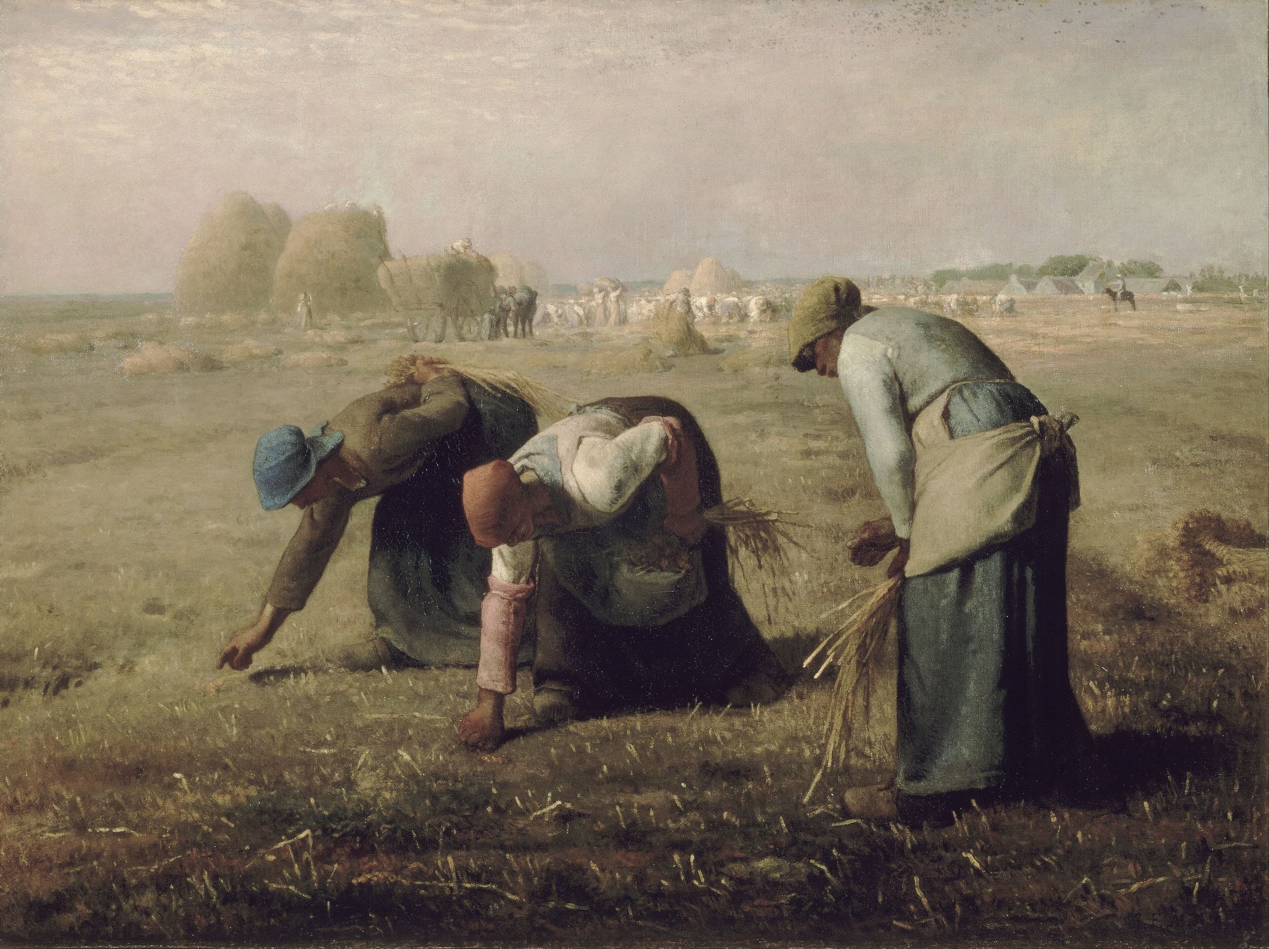 Three peasant women bent over a harvested field, gathering stray stalks of wheat from the ground, painted in oil on a wide canvas.