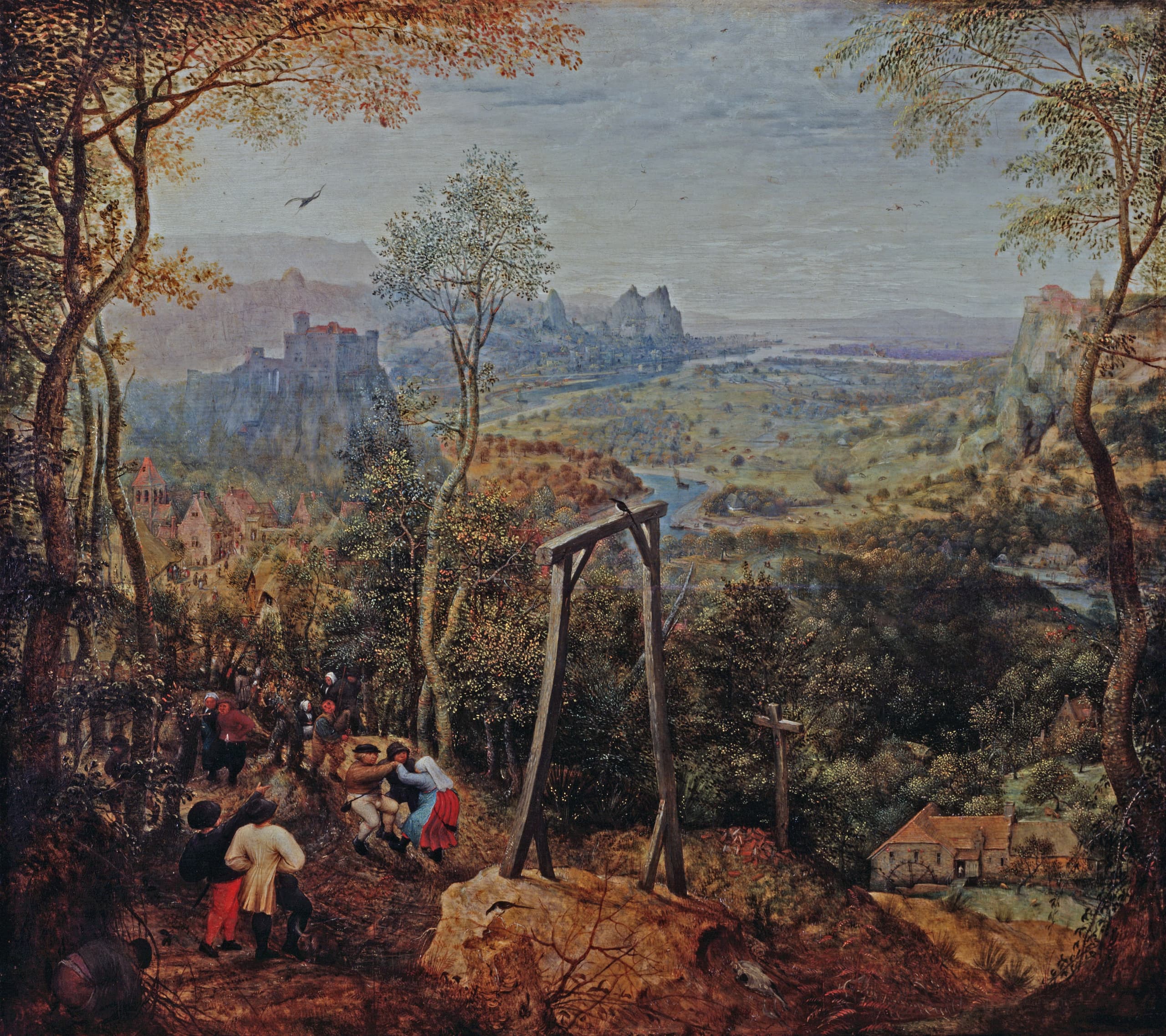 A wide green valley under open sky. In the middle ground a wooden gallows stands with a magpie on its crossbeam; nearby, peasants dance and gather on a path among trees and distant hills.