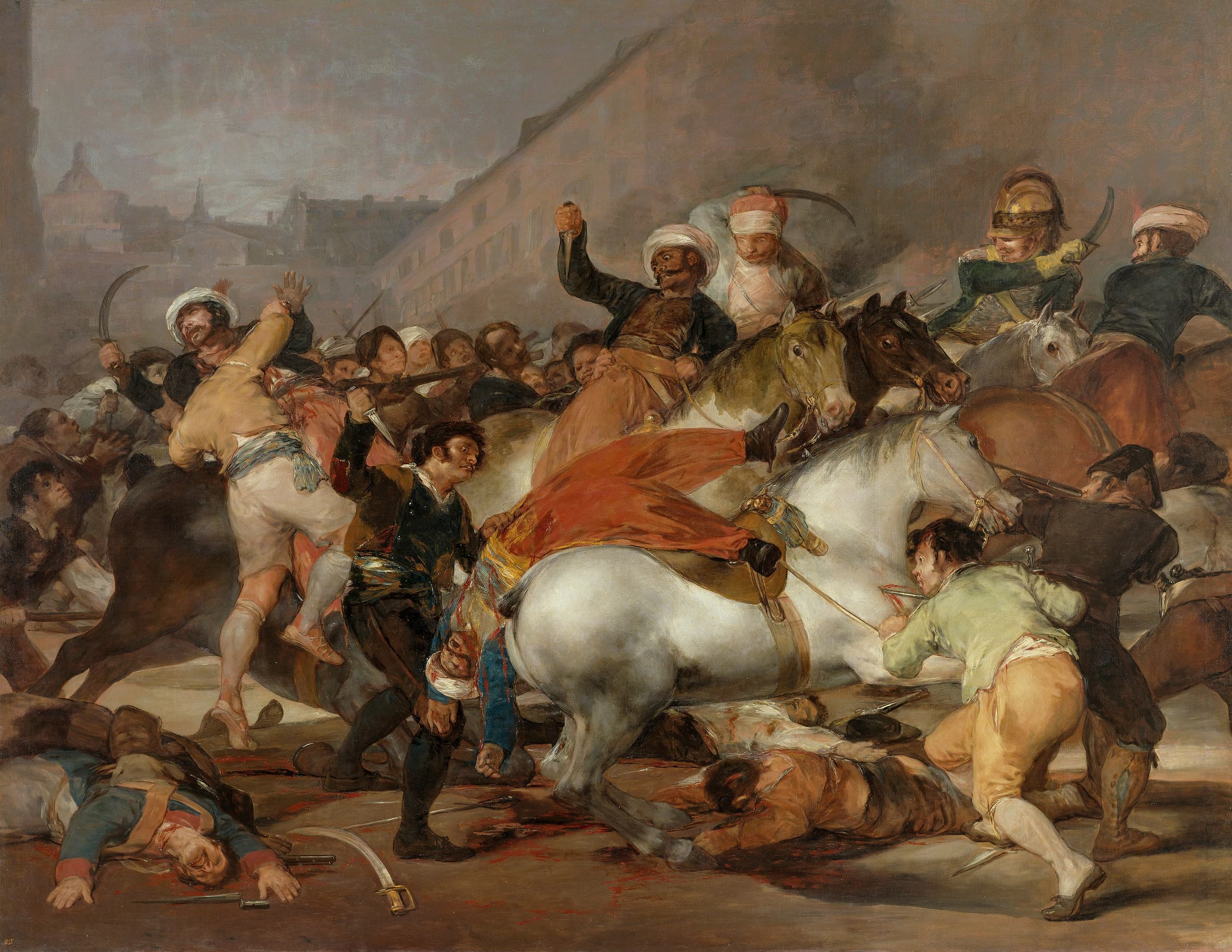 A dense, chaotic street scene. A crowd of civilians attacks mounted soldiers. A man in a white shirt lunges forward at the centre, arms raised. Horses rear, mouths open. Bodies tangle in the lower half of the canvas.