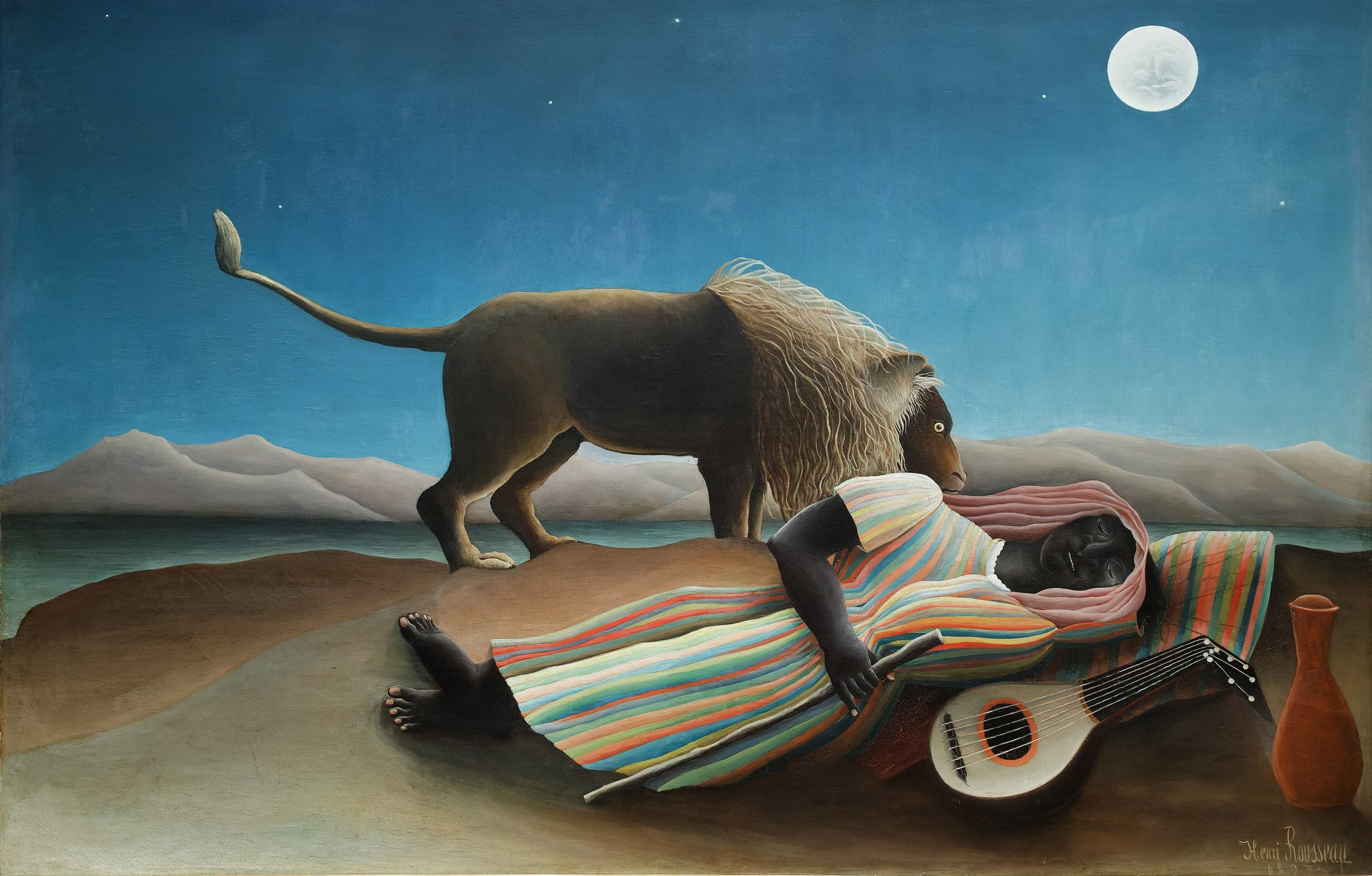 A wide night landscape: a woman in pale striped clothing lies asleep on bare ground while a lion stands close beside her; a full moon hangs in a dark sky above a low, empty horizon.