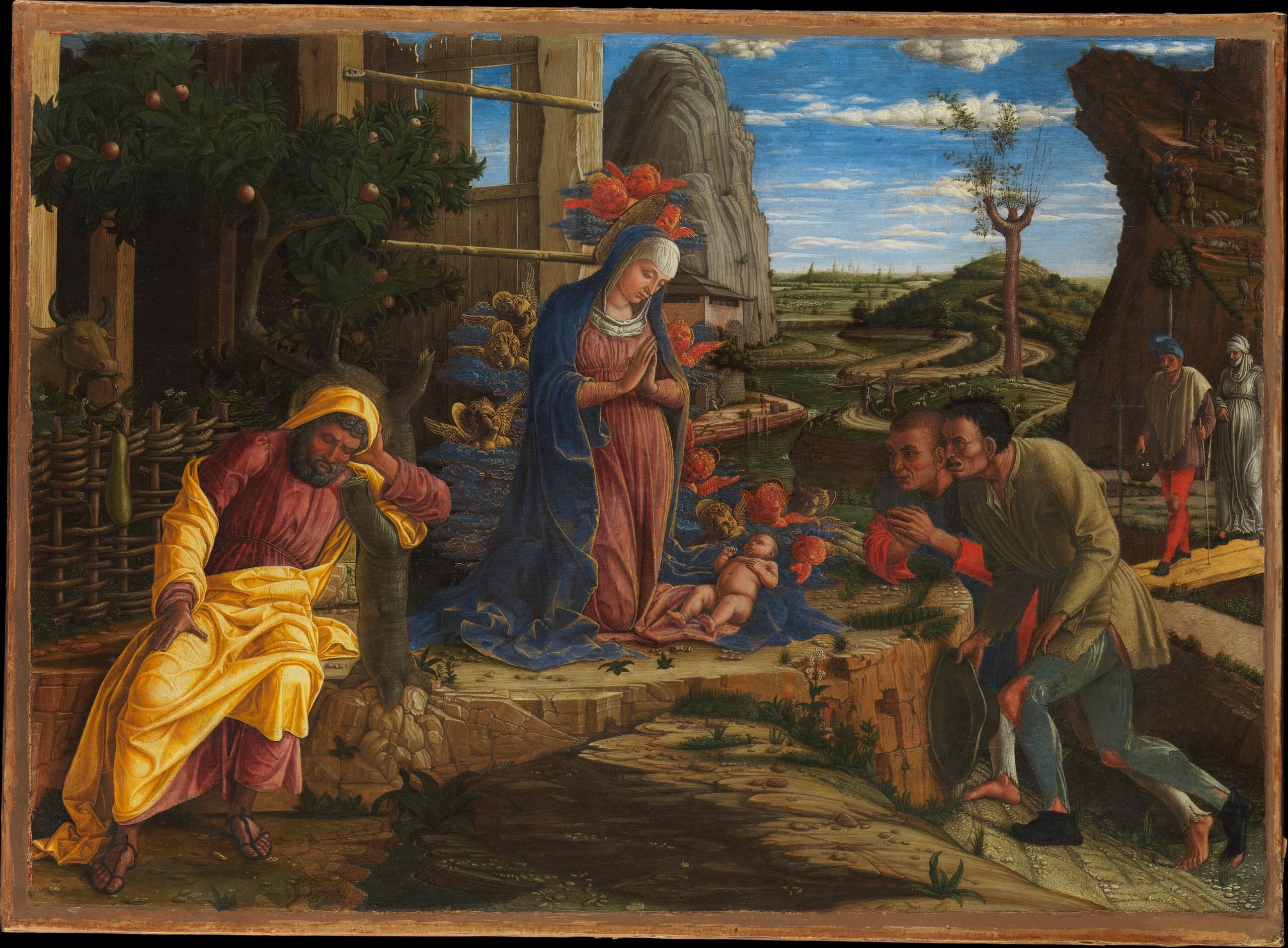 A small horizontal religious painting in tempera on canvas, about forty centimetres high and fifty-six wide, the Adorationubject associated with Andrea Mantegna.