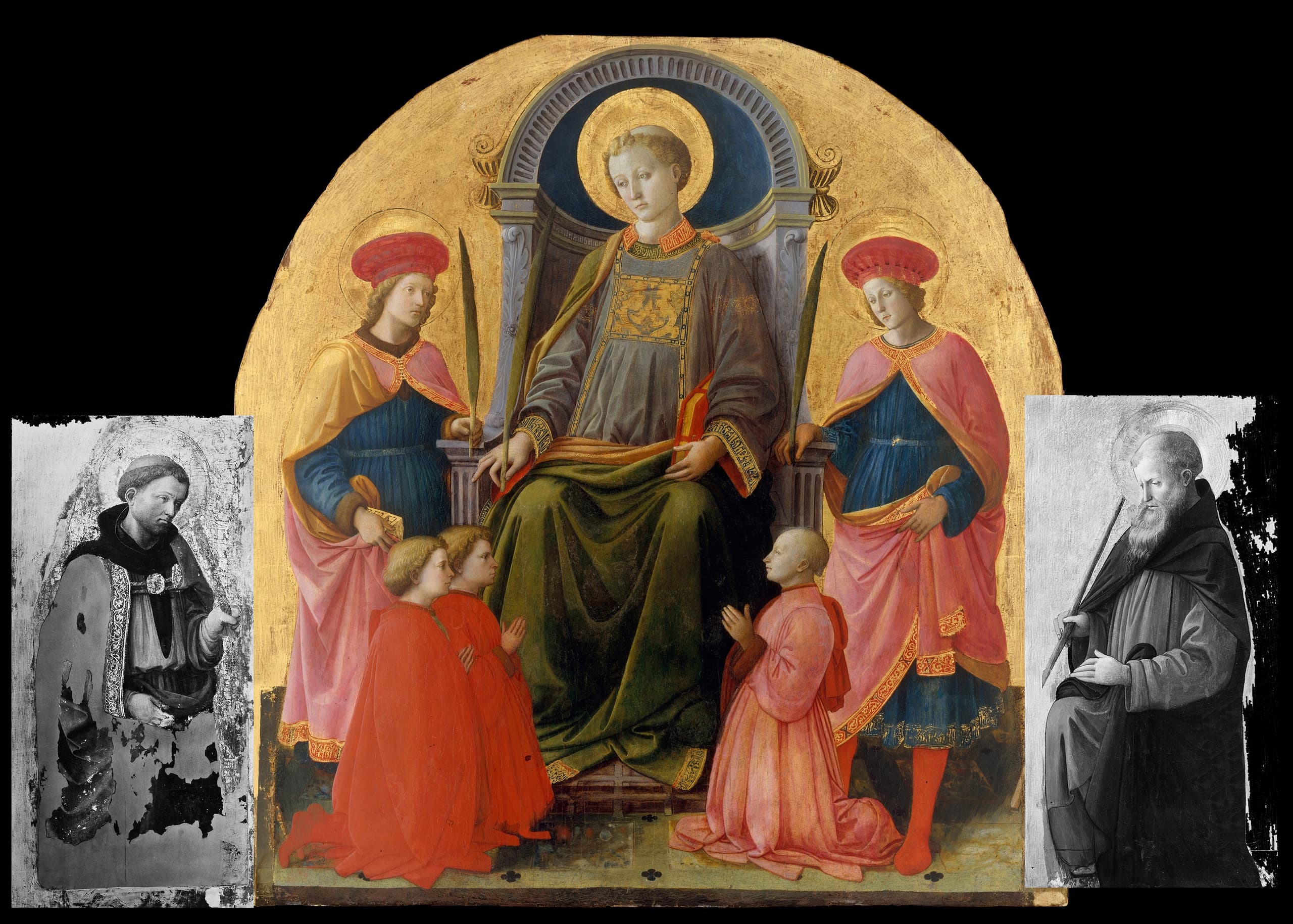 A religious panel painting showing Saint Lawrence seated on a throne, accompanied by saints and donors.