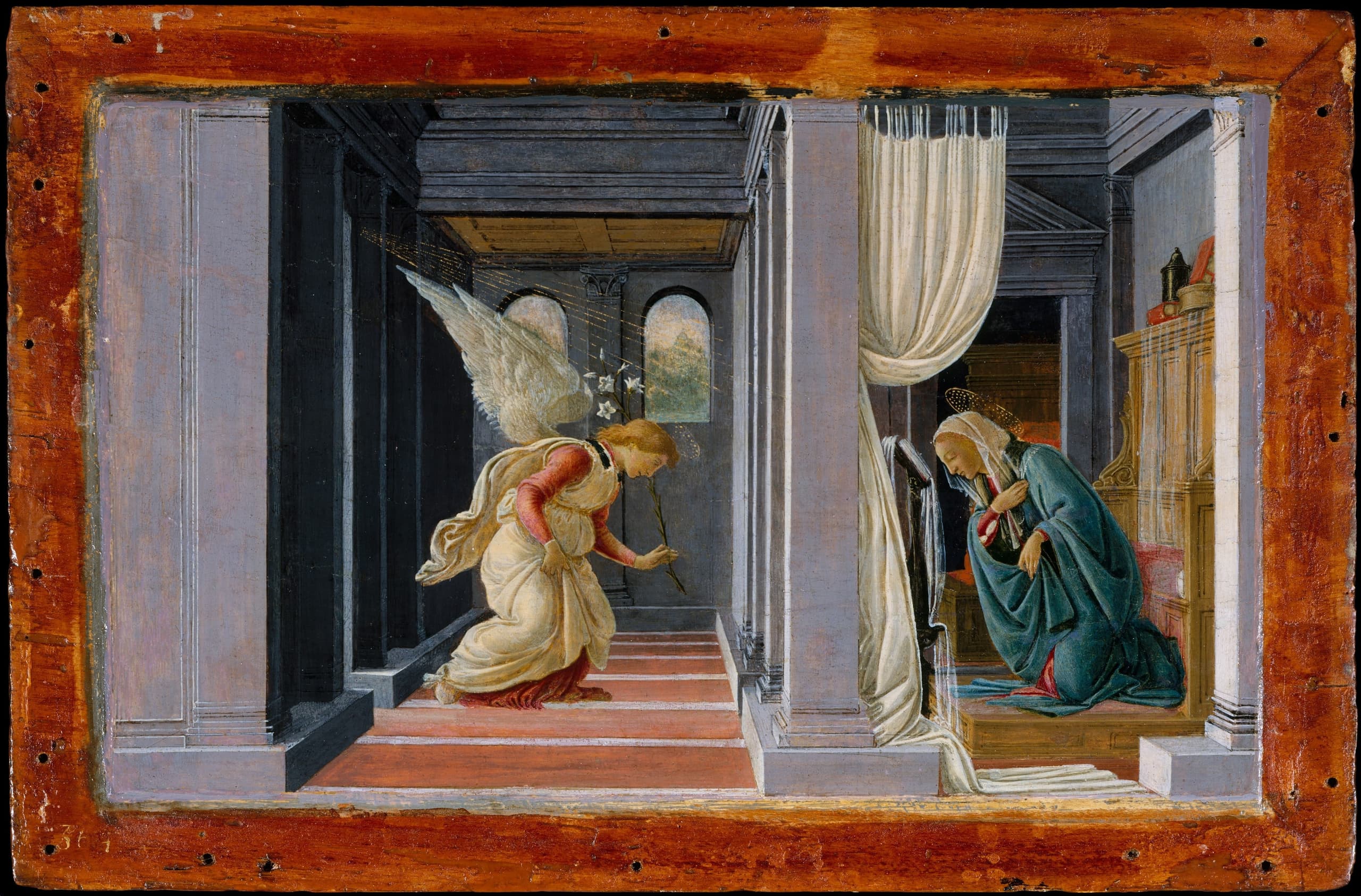 A small horizontal wooden panel painted in tempera with gold leaf, wider than it is tall, presenting Botticelli's Annunciation at intimate scale.