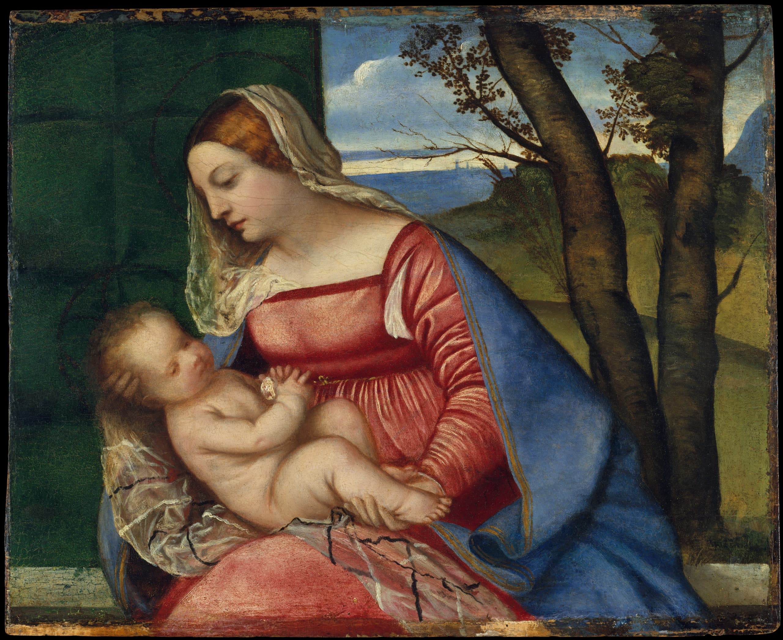 A small horizontal painted panel depicting Madonna and Child, the paired figures arranged within a compact rectangular image.