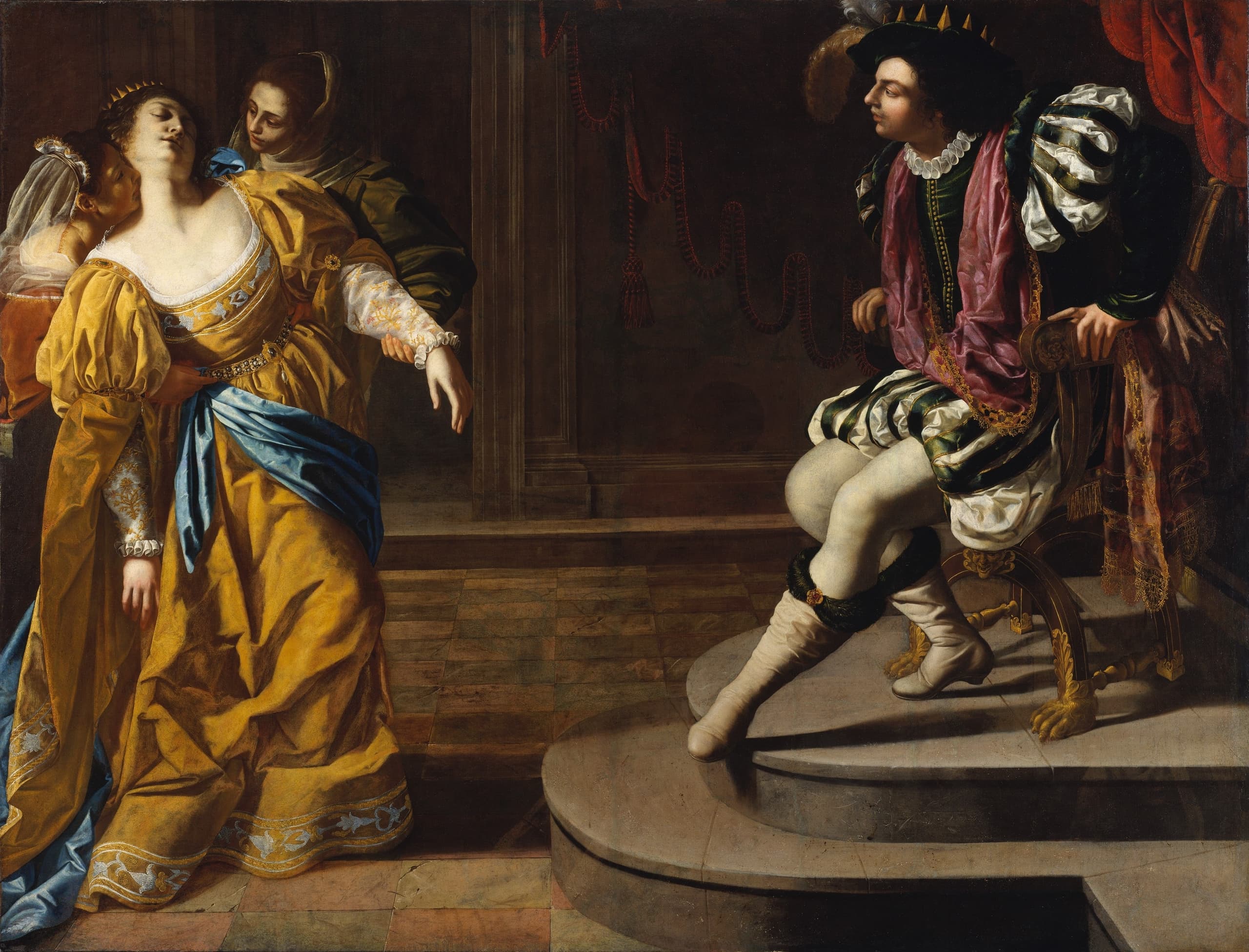 A large oil painting showing a woman in pale robes collapsing into the arms of attendants on the left, while a bearded king seated on a throne at right leans forward, extending a golden sceptre toward her.
