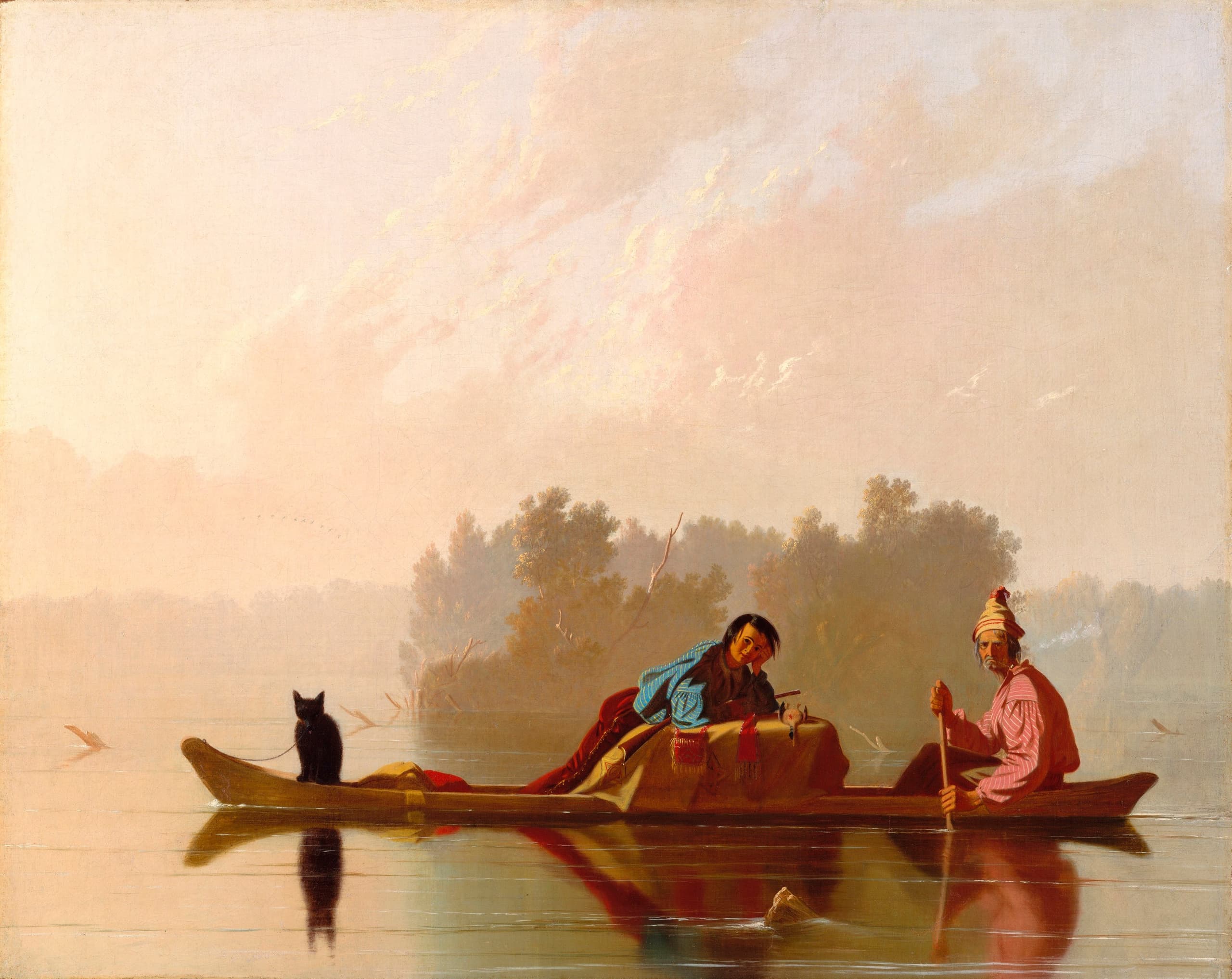 An oil painting on canvas of fur traders travelling by boat on a broad, quiet river, with low banks and a calm horizontal expanse of water and sky.