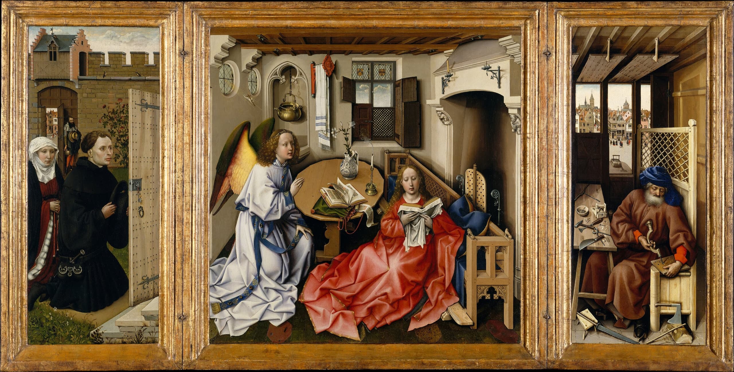 Three hinged painted panels show kneeling donors at a garden entrance, Mary and an angel in a furnished room, and Saint Joseph working among carpentry tools.