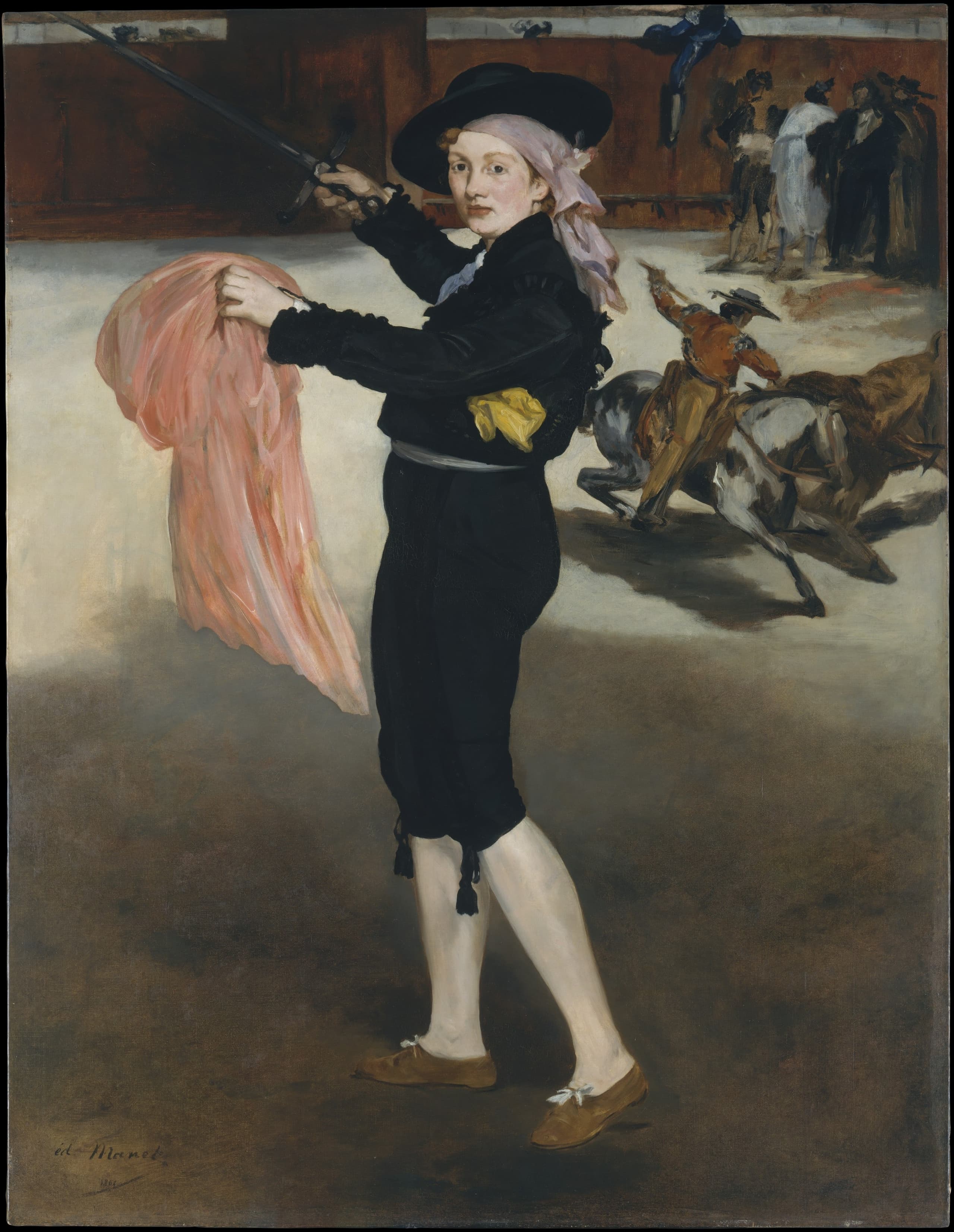 A tall oil painting on canvas of a woman standing in bullfighter’s costume, shown at full length against a loosely indicated ground, the surface worked in visible nineteenth-century brushwork.