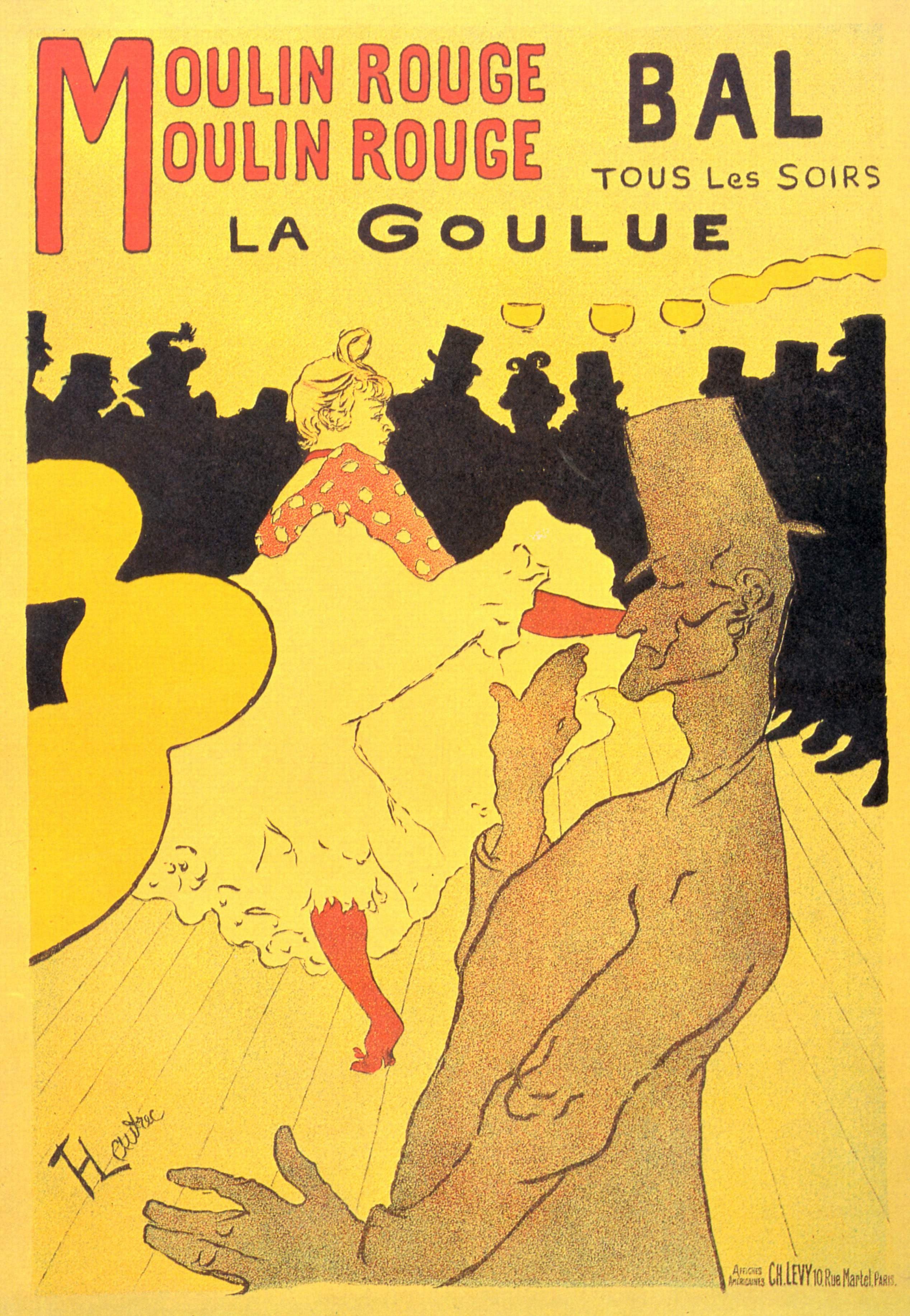A tall vertical colour lithograph poster, about human height, made as street advertising for the Paris dance hall Moulin Rouge.