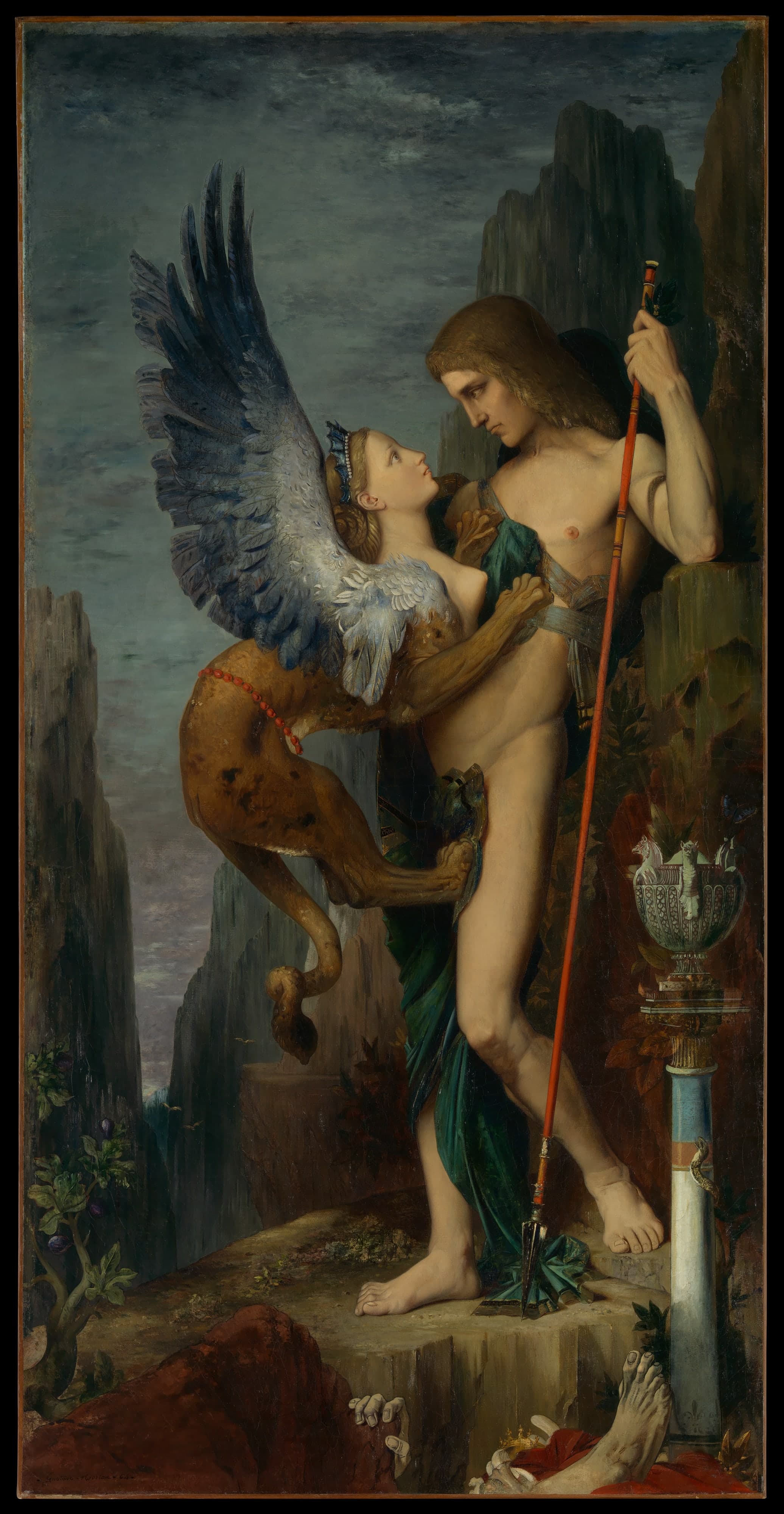 A tall, narrow oil painting on canvas showing the mythological meeting of Oedipus and the Sphinx, scaled for close viewing in a gallery.