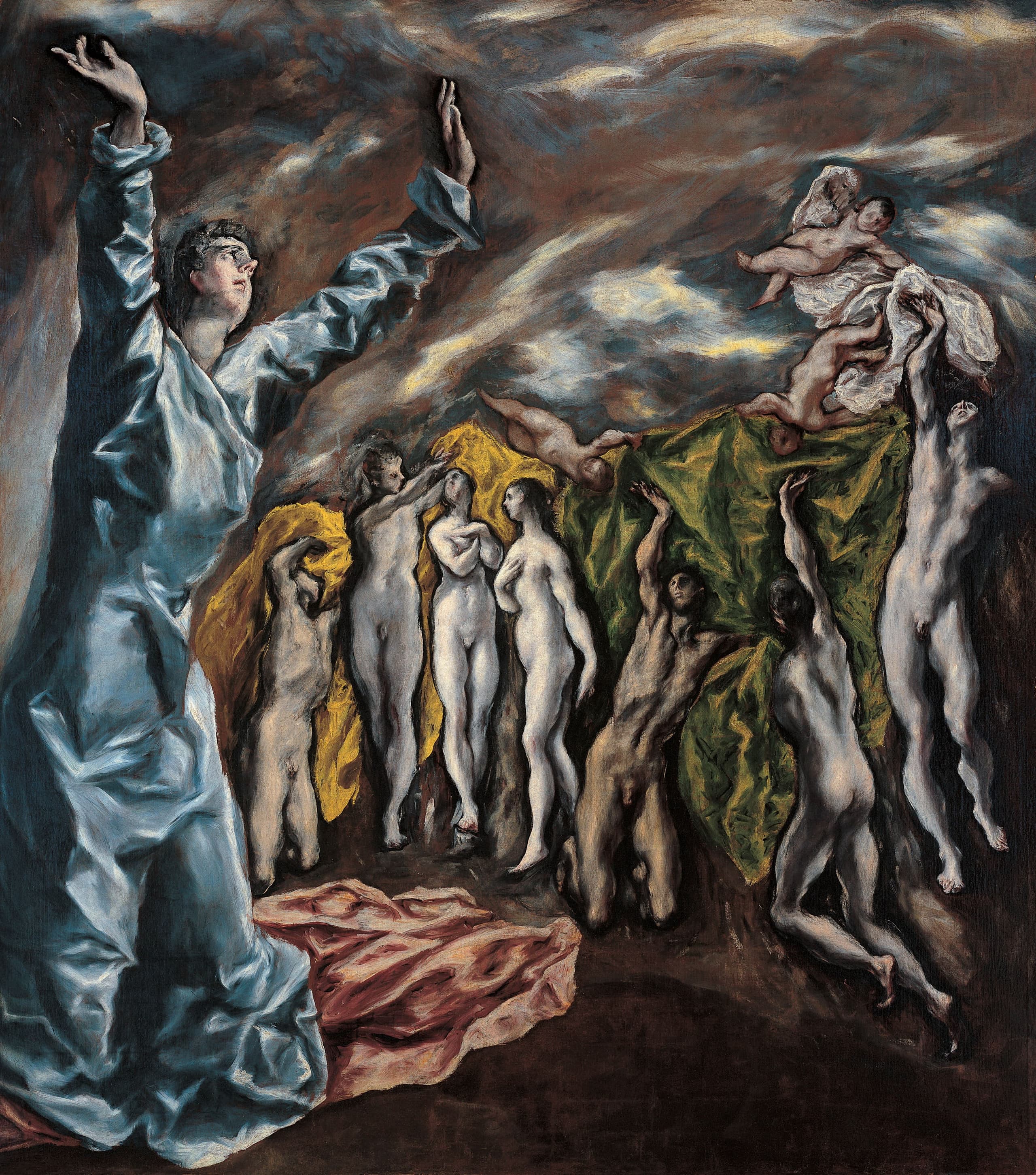 A large vertical religious oil painting on canvas, its surface unfinished and much abraded, scaled for a church side-altar.