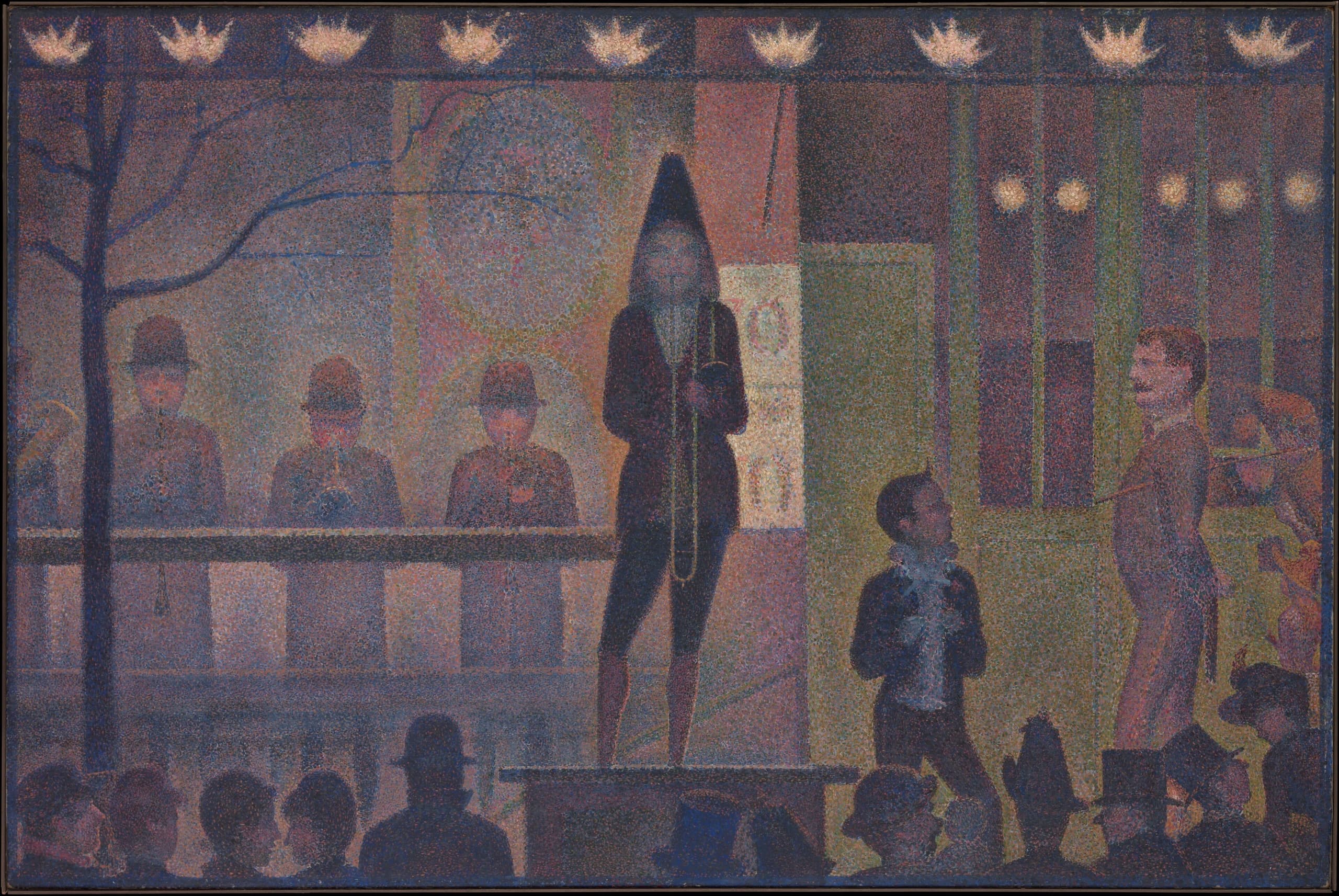 A wide horizontal oil painting of a night-time circus sideshow, organised in a markedly symmetrical, geometric arrangement of figures across the canvas.