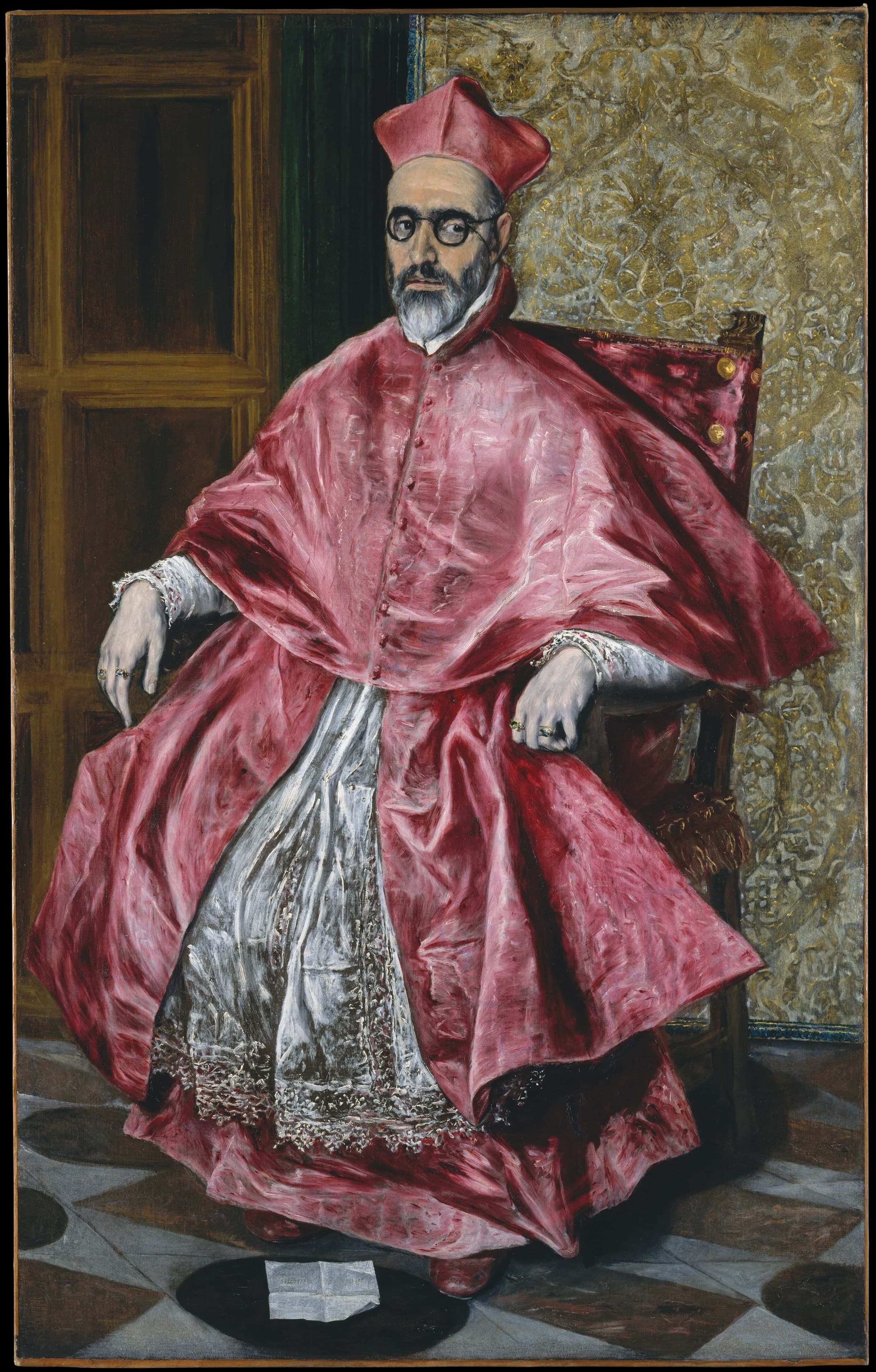 A tall oil portrait on canvas of a seated cardinal, 171 by 108 centimetres (3 ft 7 in), painted by El Greco in 1600 and now in the Metropolitan Museum of Art.