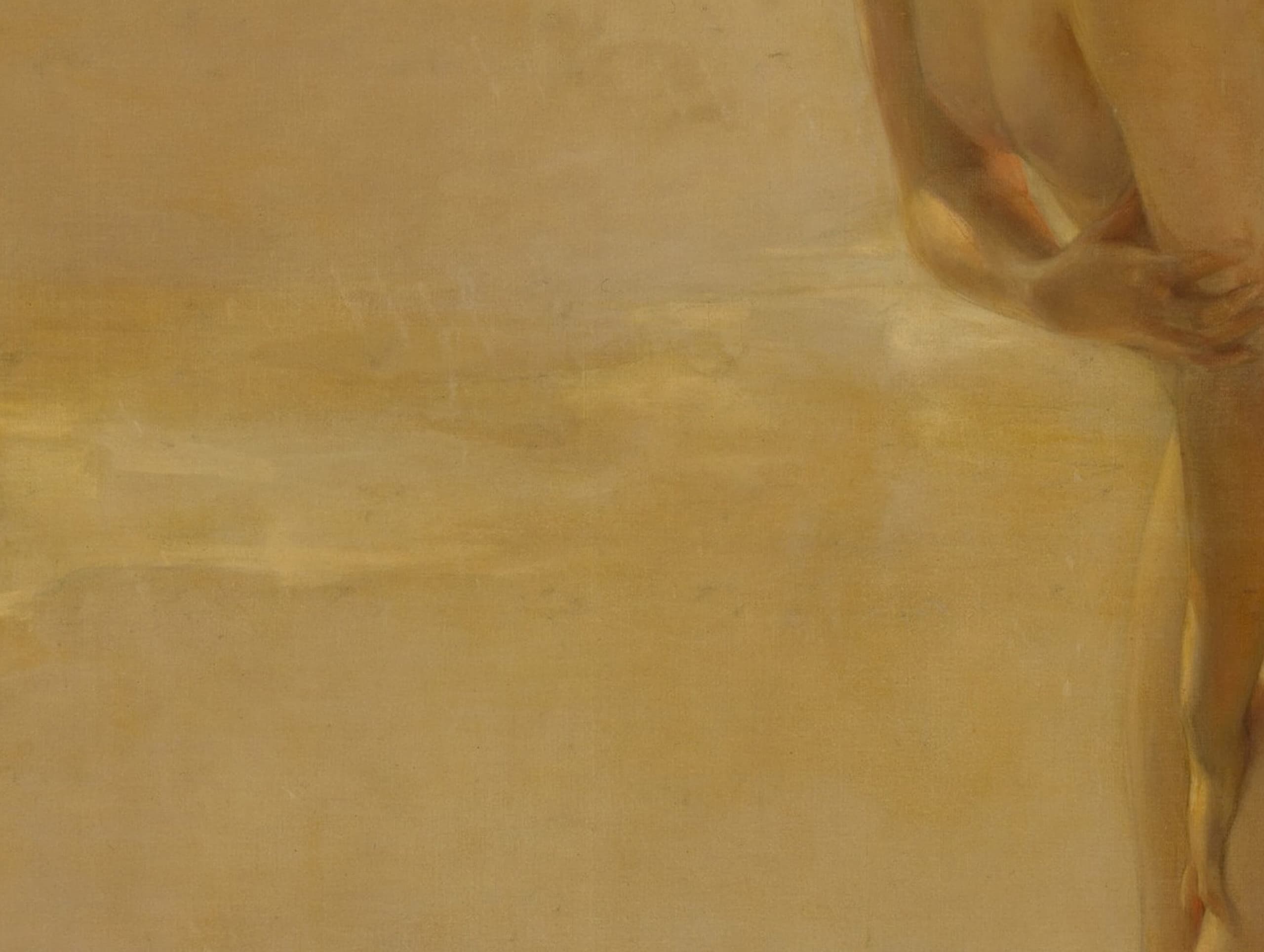 A wide oil painting of a nude young woman standing mid-calf in a calm lake, body lit by pale morning sun, torso bent slightly forward with arms drawn in toward her chest; soft distant shore behind her.
