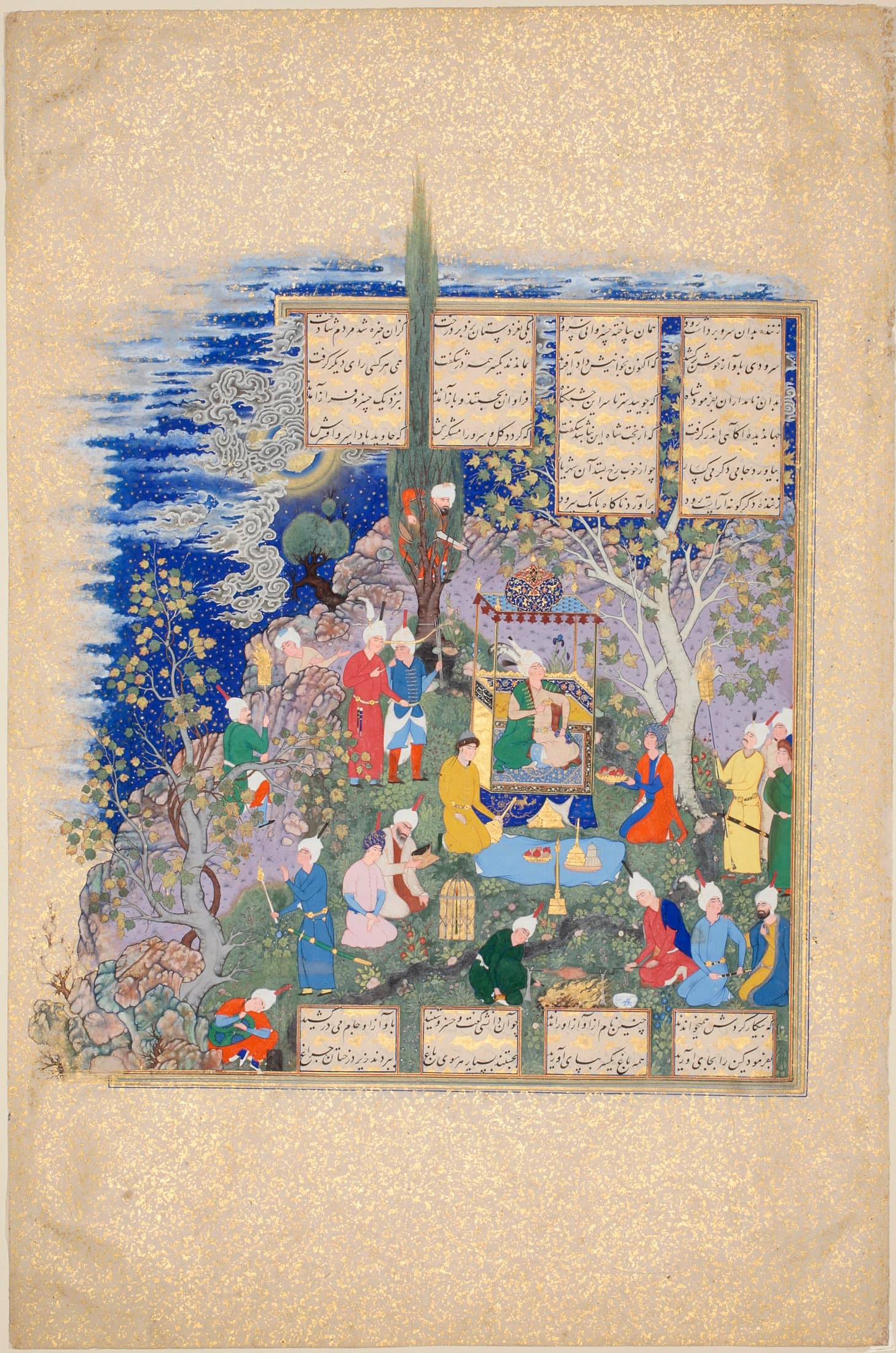 A page from an illuminated manuscript showing a battle scene painted in rich colours, with figures on horseback, detailed landscape, and Persian text in black ink above and below the miniature.