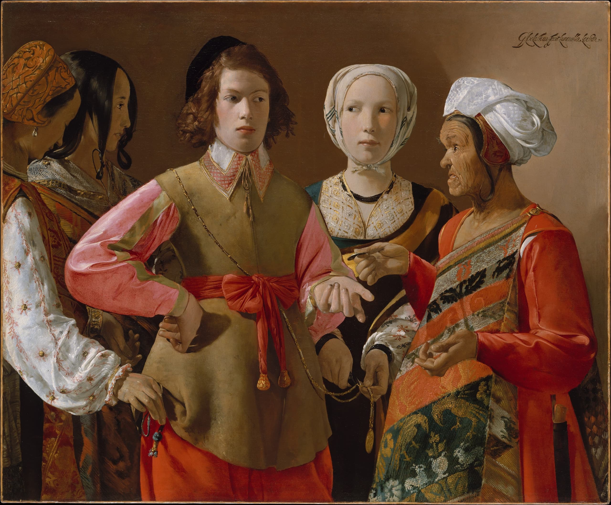 An oil painting on canvas, wider than it is tall, with a calligraphic signature painted at the upper right.