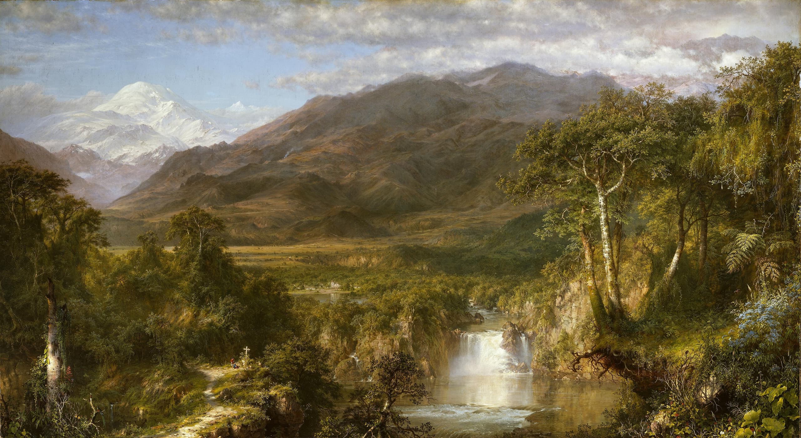 A wide oil landscape with a distant snow peak above plains and dense green foreground; small figures gather near a cross at the lower left among finely worked vegetation and terrain.