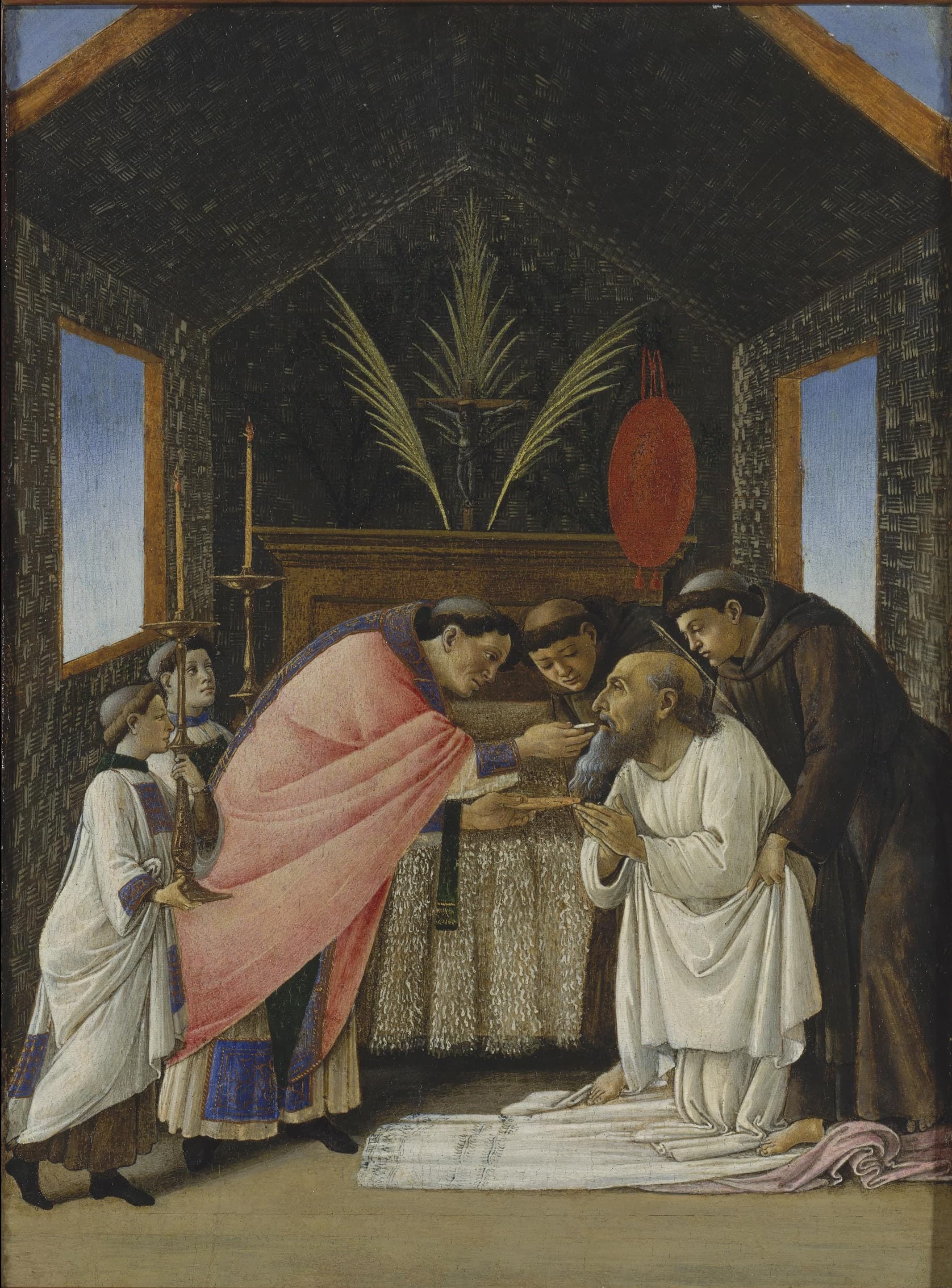 A small tempera panel showing an elderly, bearded man on his knees on a white cloth, reaching toward a priest who holds a communion wafer. Several robed figures stand behind and beside him, their faces turned toward the scene.