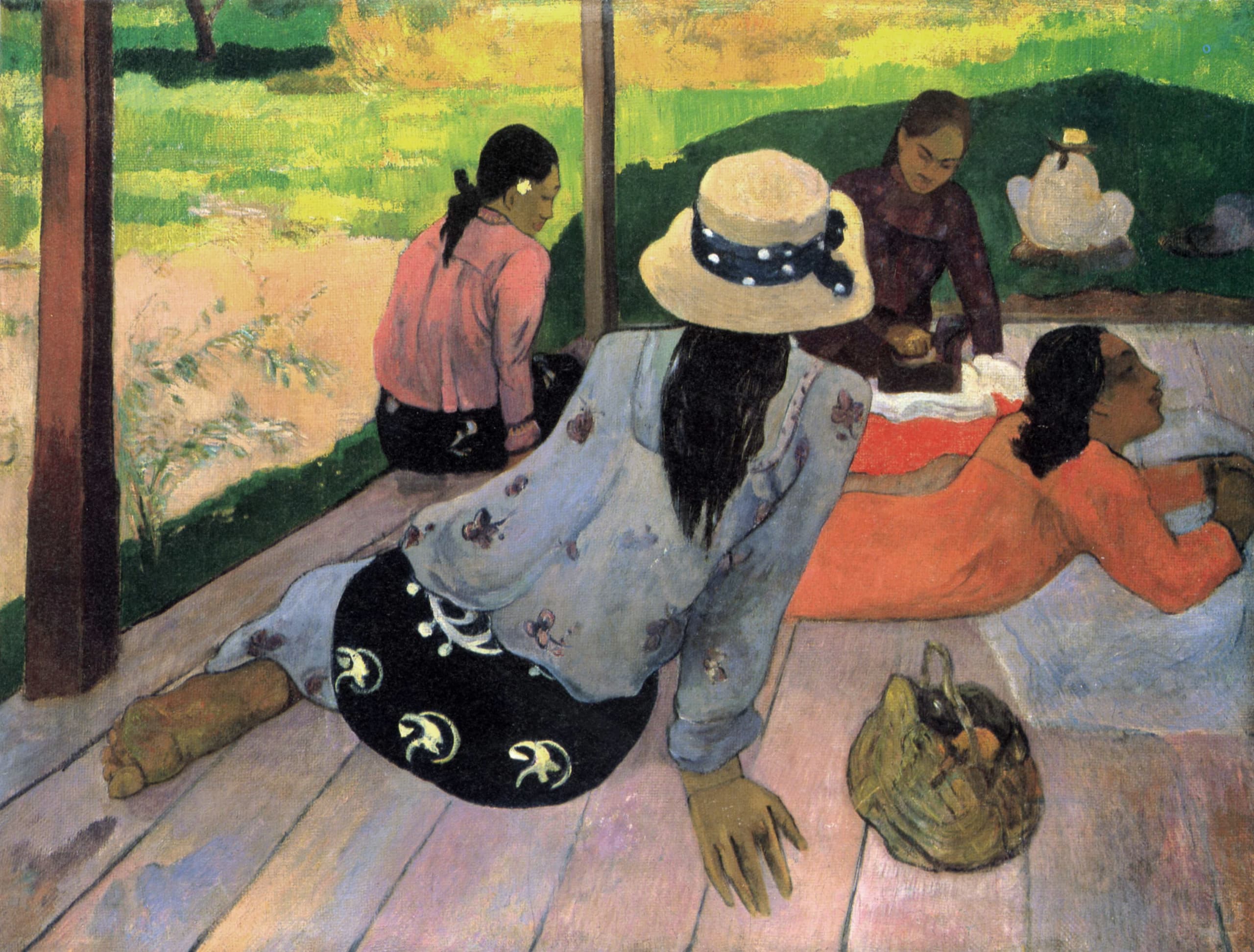Oil painting of several Tahitian women in westernised dress gathered in the shade of a verandah; one irons while others sit and talk, with a shopping bag in the foreground.
