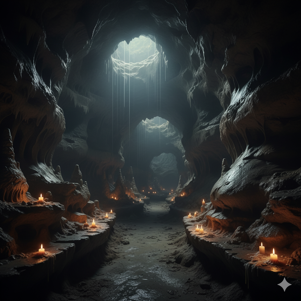 Candlelight flickering inside a limestone cavern