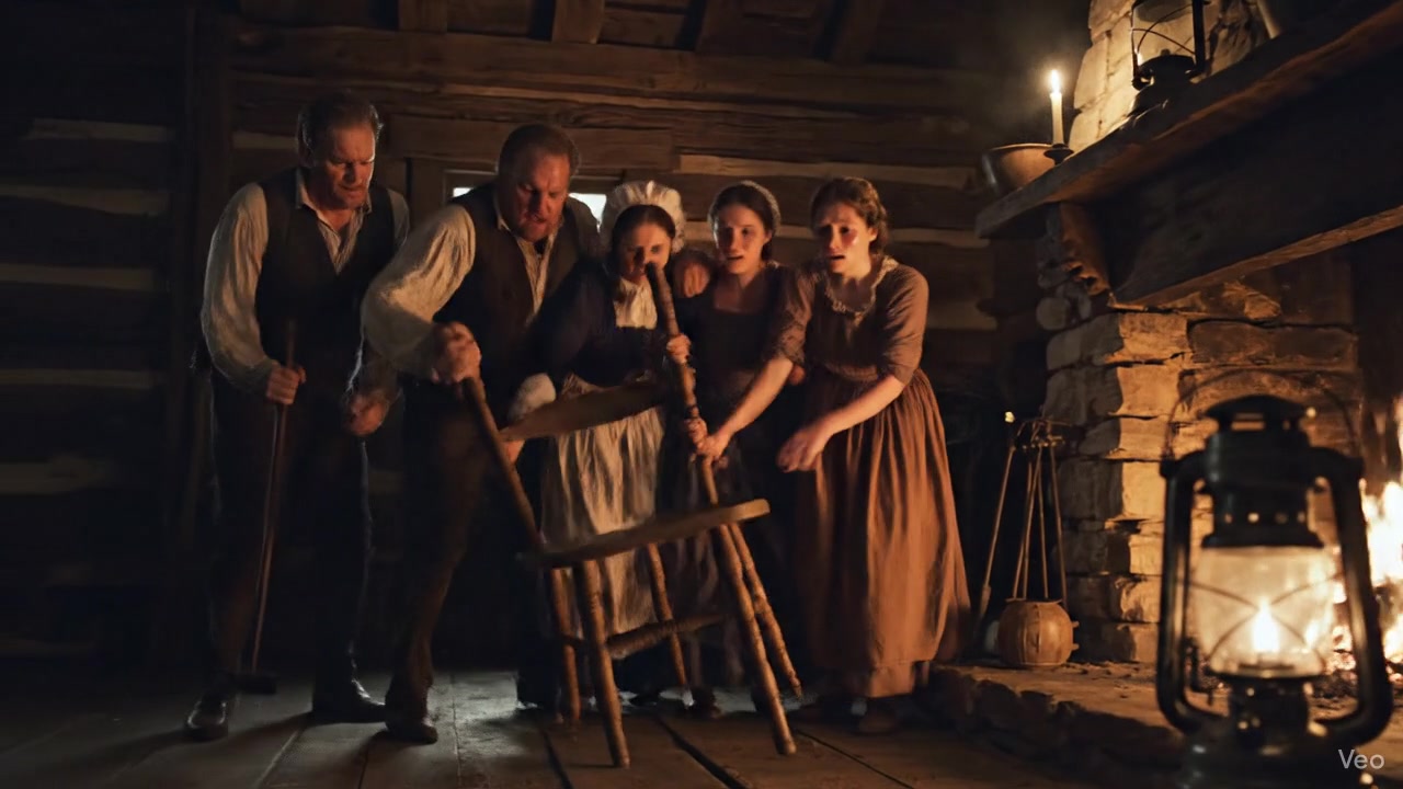 The Bell family listening in fear as furniture shakes