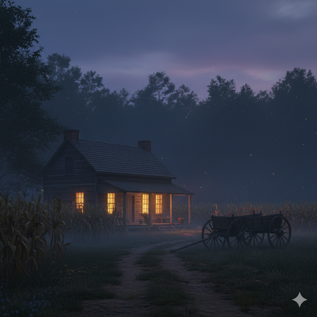 Frontier farmhouse at dusk with lantern light glowing
