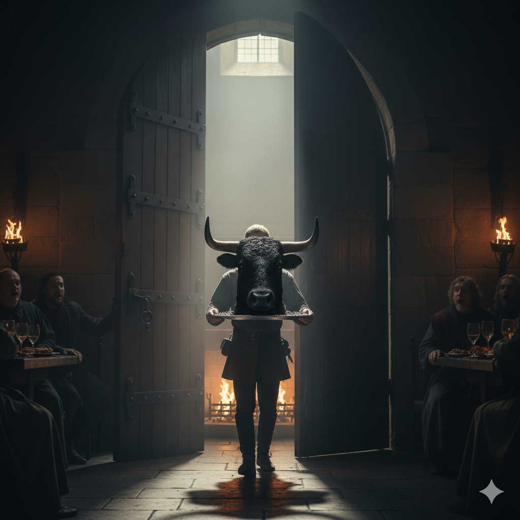 A servant carrying a silver tray with a black bull's head
