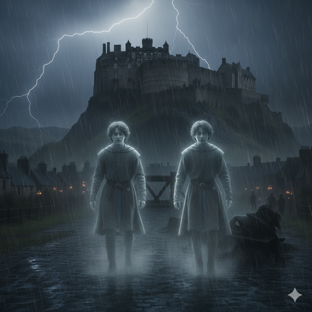 Edinburgh Castle at night with ghostly figures in the mist