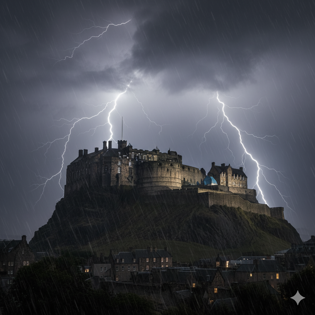 Edinburgh Castle on a stormy night with lightning