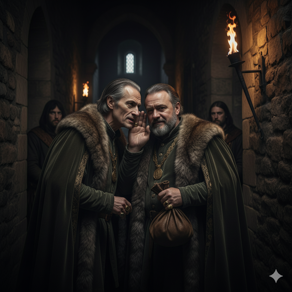 Nobles whispering in dark castle corridors