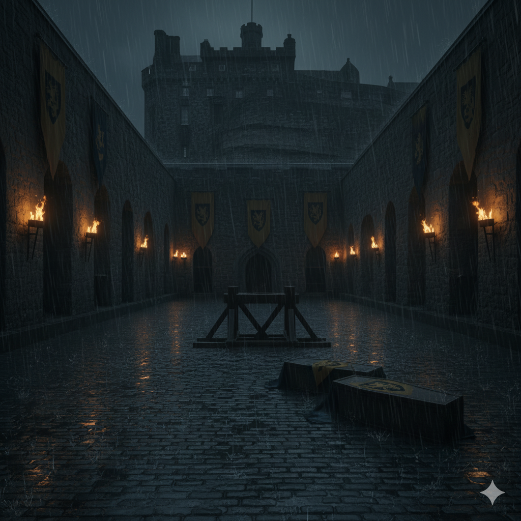 Dark castle courtyard in the rain at night