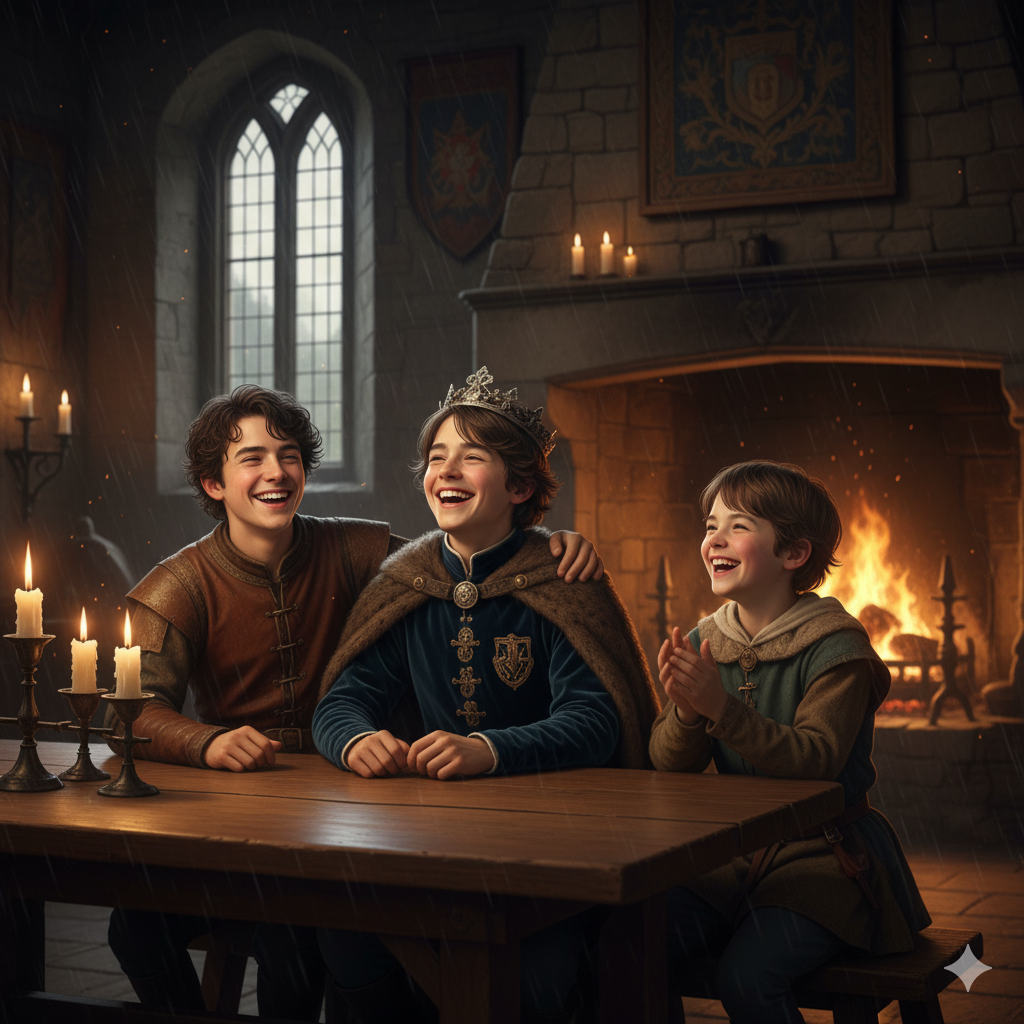 Young King James with the Douglas brothers laughing together