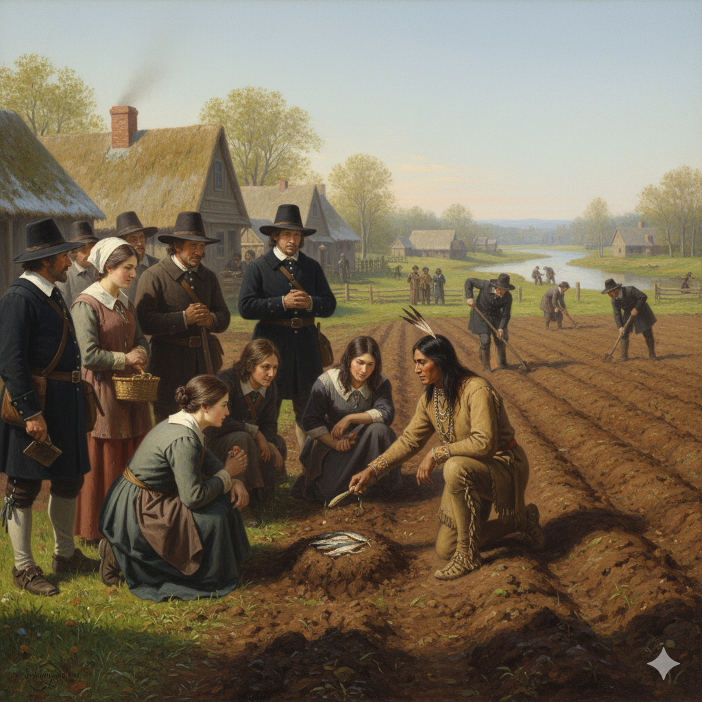 Squanto teaching Pilgrims how to plant corn