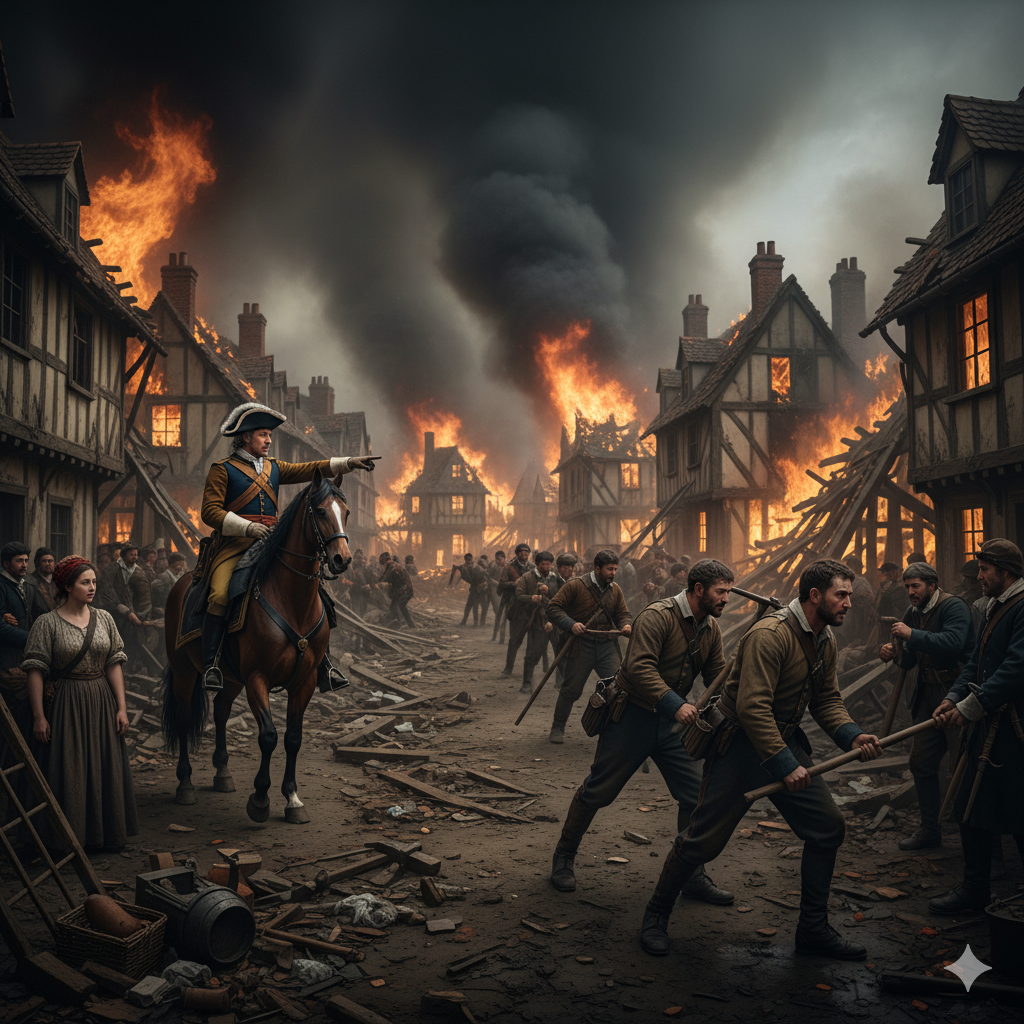 King Charles II and soldiers creating firebreaks