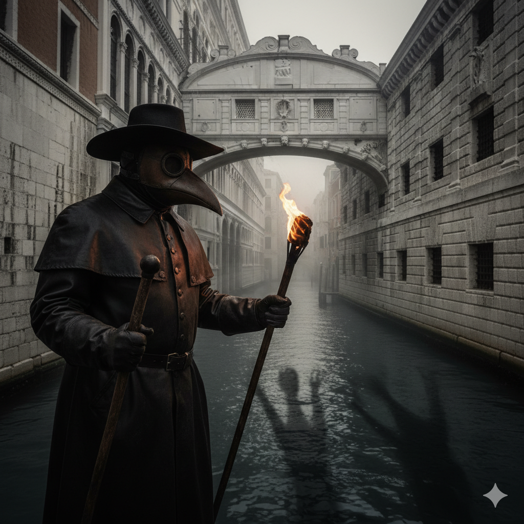 Plague doctor with torch at Bridge of Sighs Venice at dusk