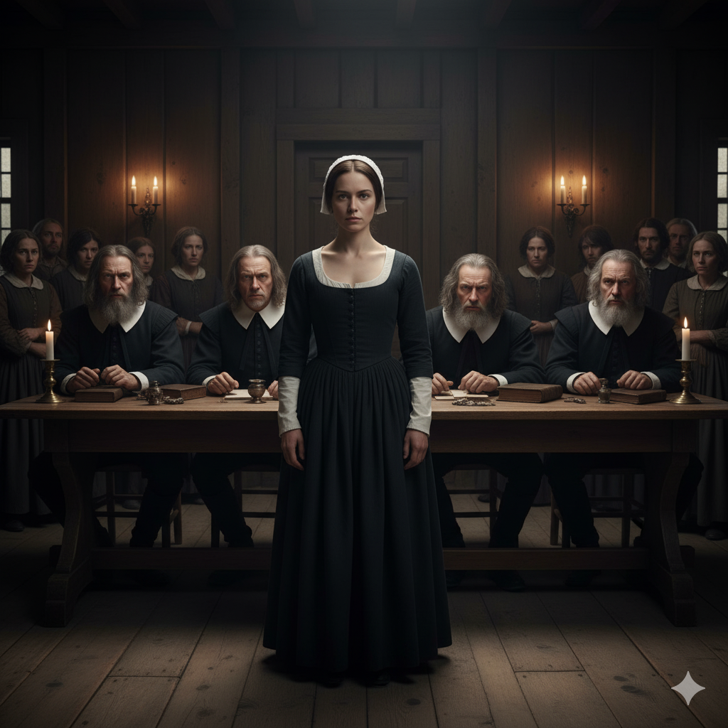 A woman standing bravely as judges lean forward to listen