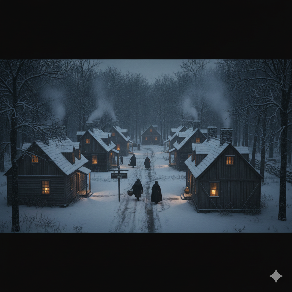 Puritan village under winter sky with candlelight in wooden houses