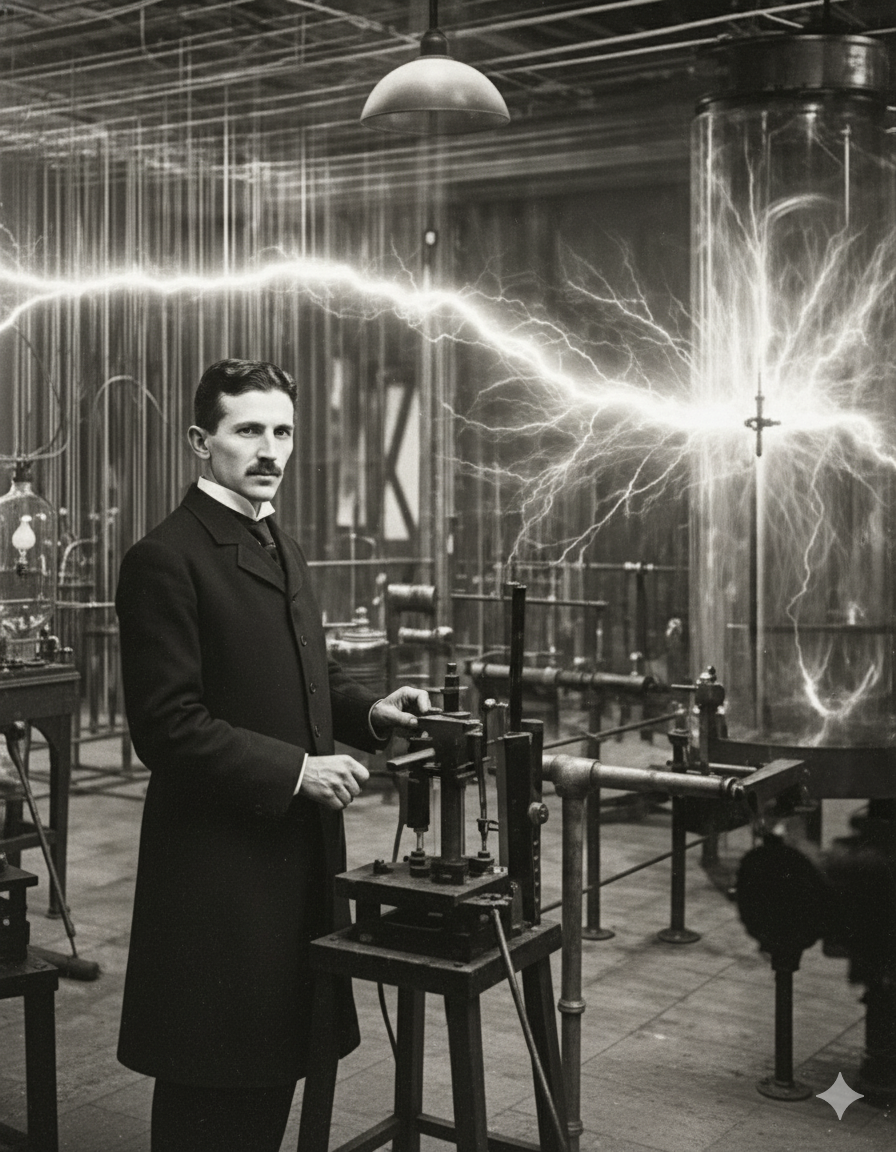 Tesla in his laboratory with electrical arcs