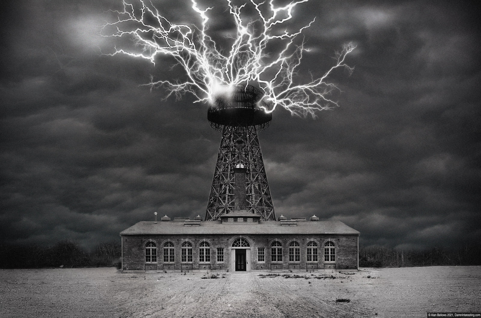 Wardenclyffe Tower shooting lightning into the sky