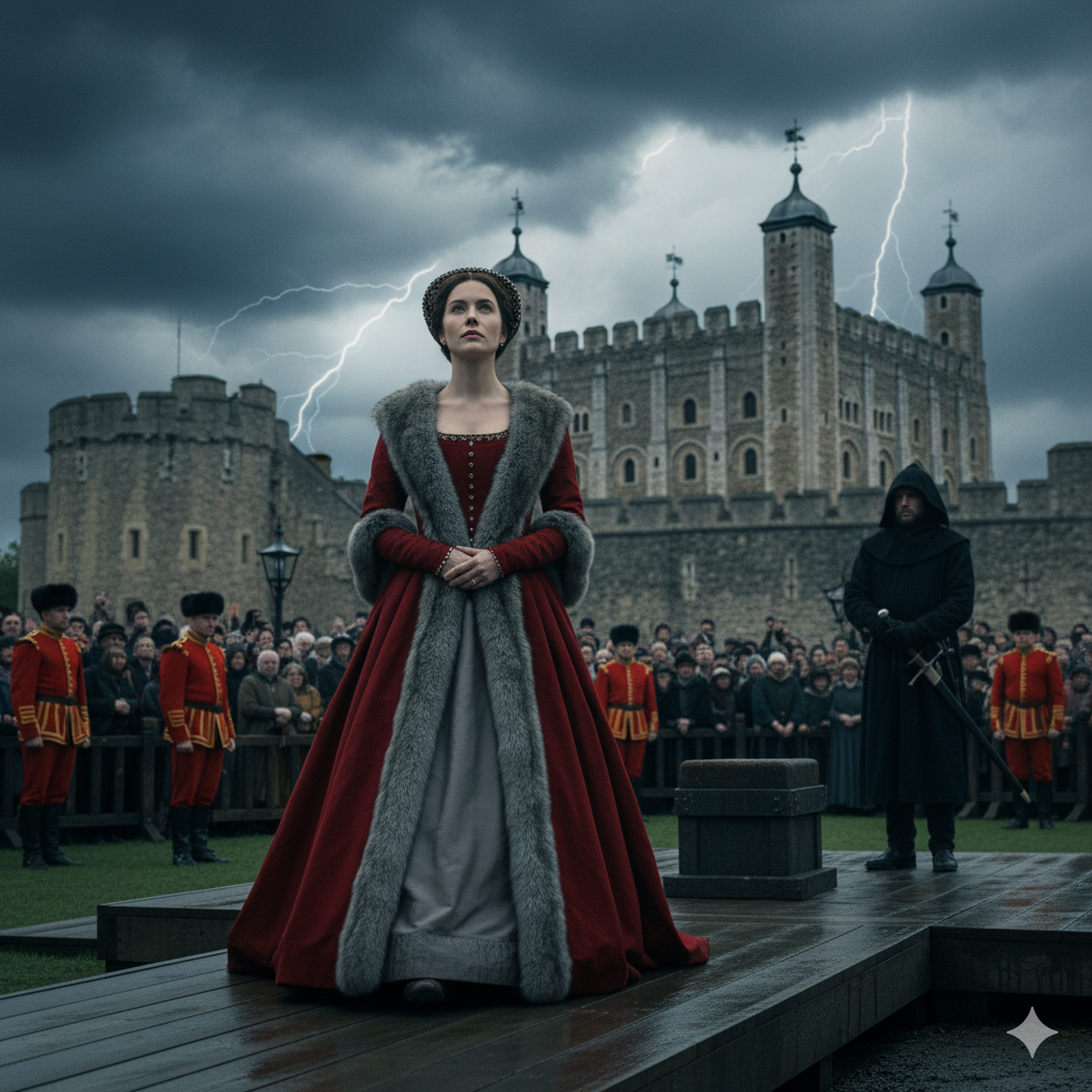 Anne Boleyn in crimson walking toward the scaffold