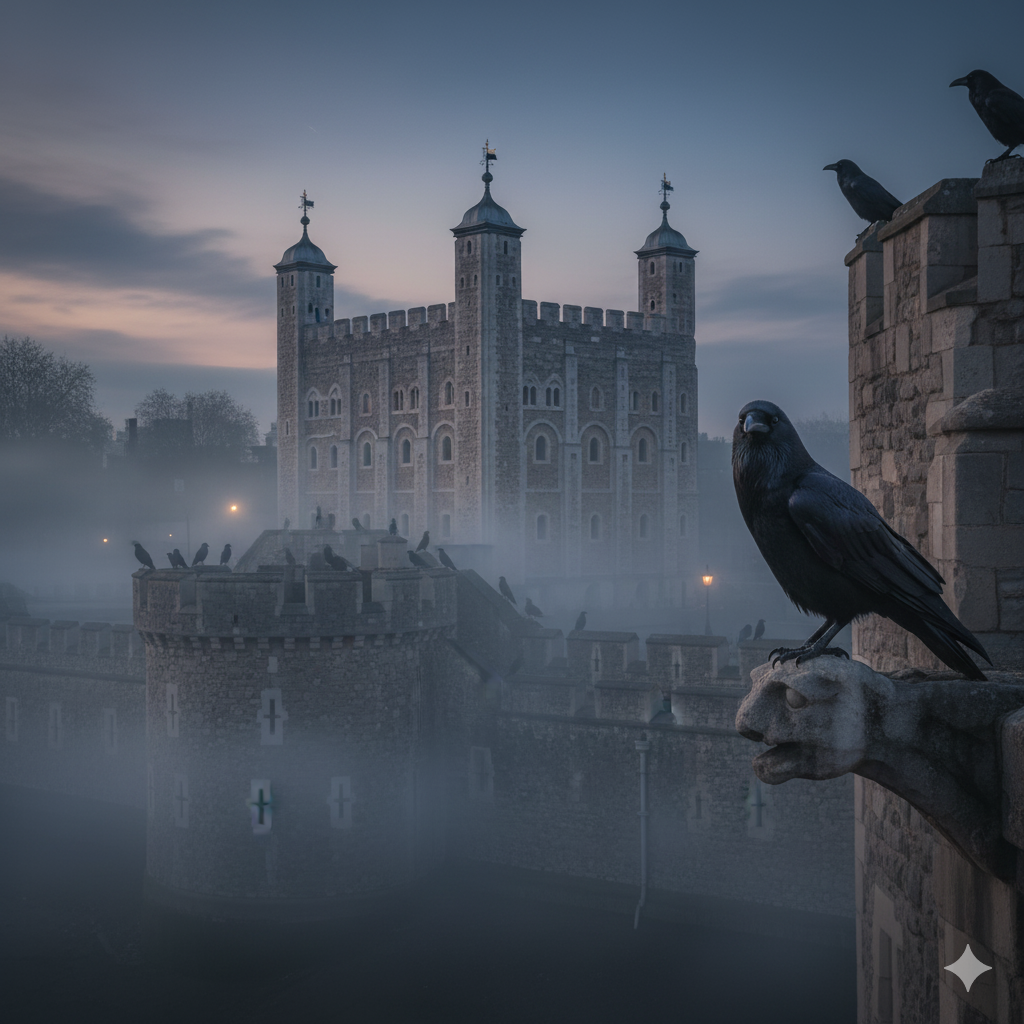The Tower of London at twilight with mist and ravens