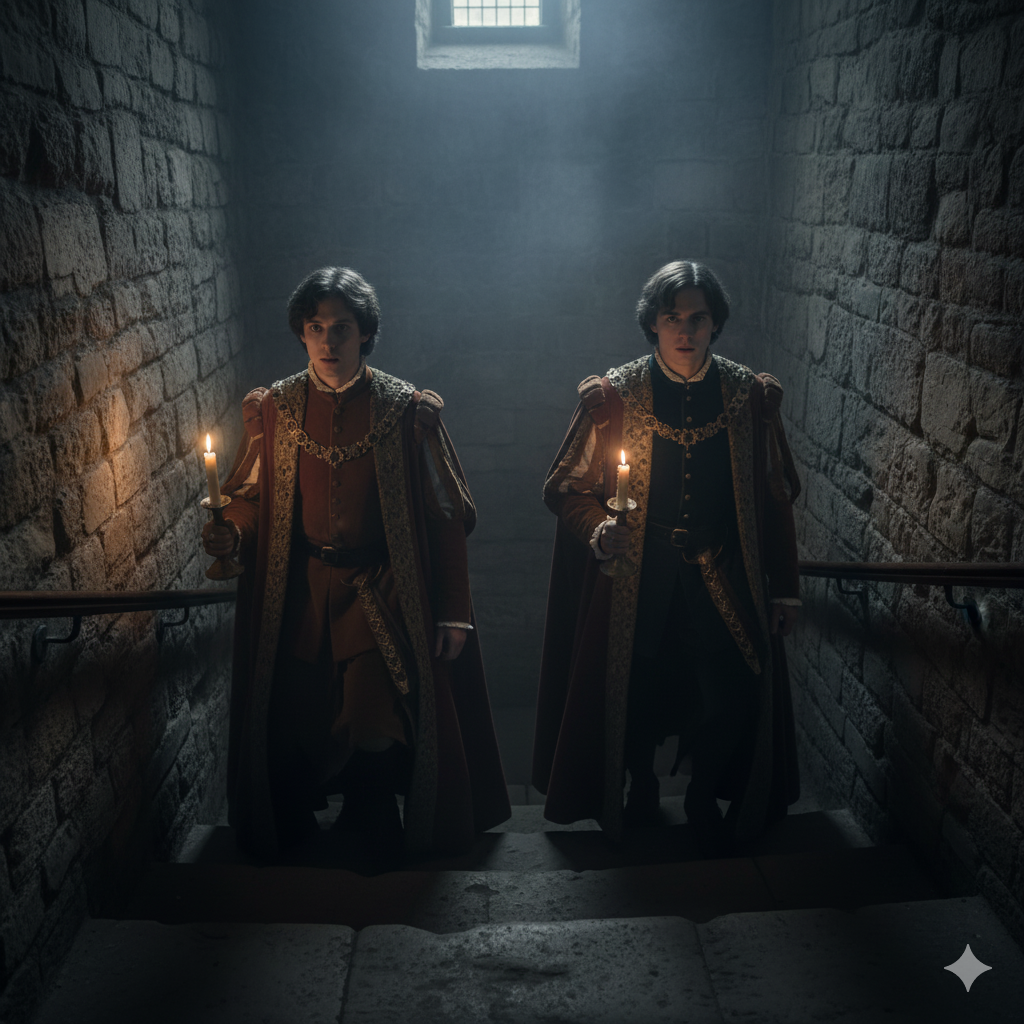 Two young boys in royal robes holding candles in a dark stairwell